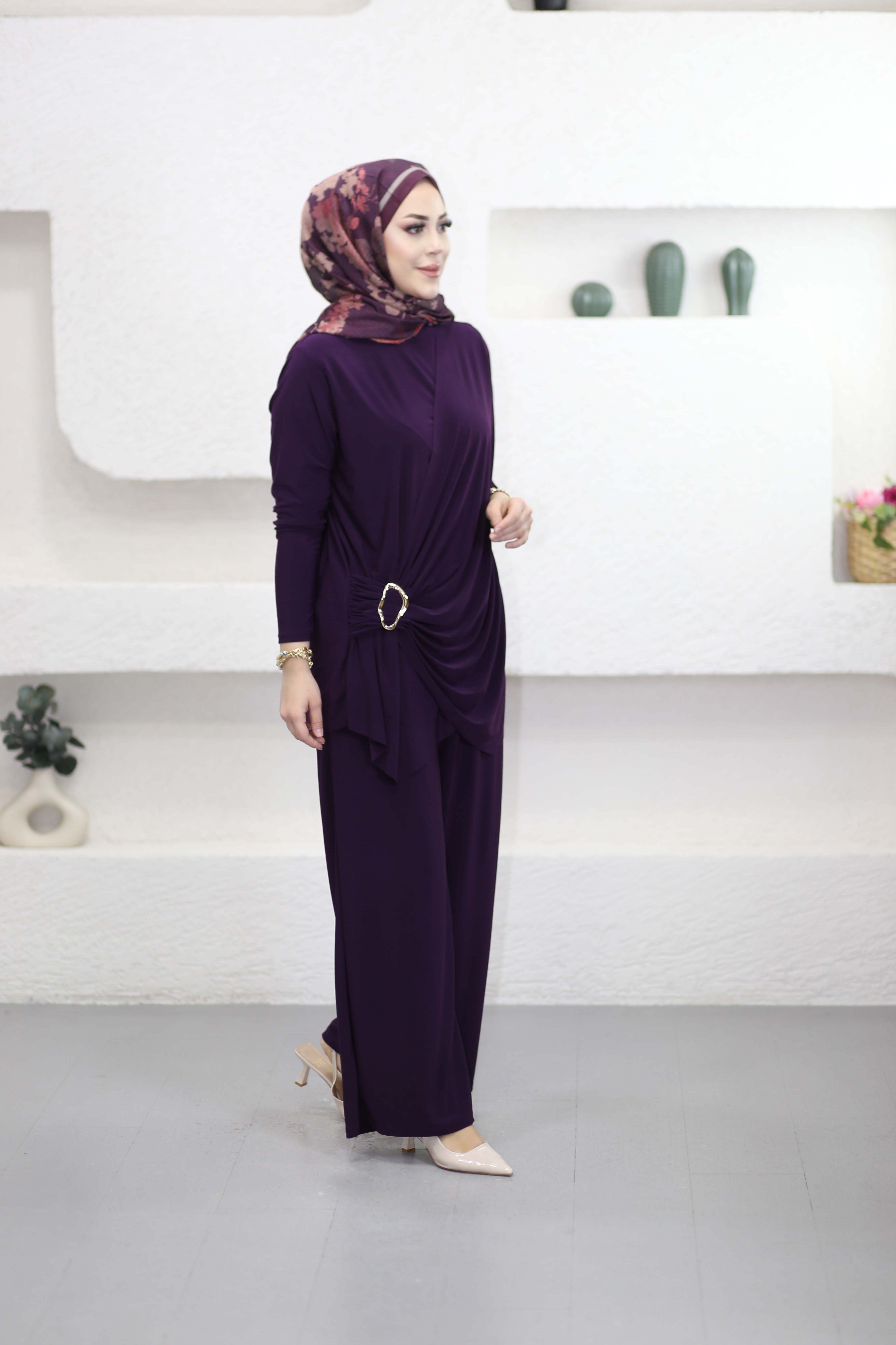 Yanı Toka Büzgülü Pantolonlu Takım Mor 4225