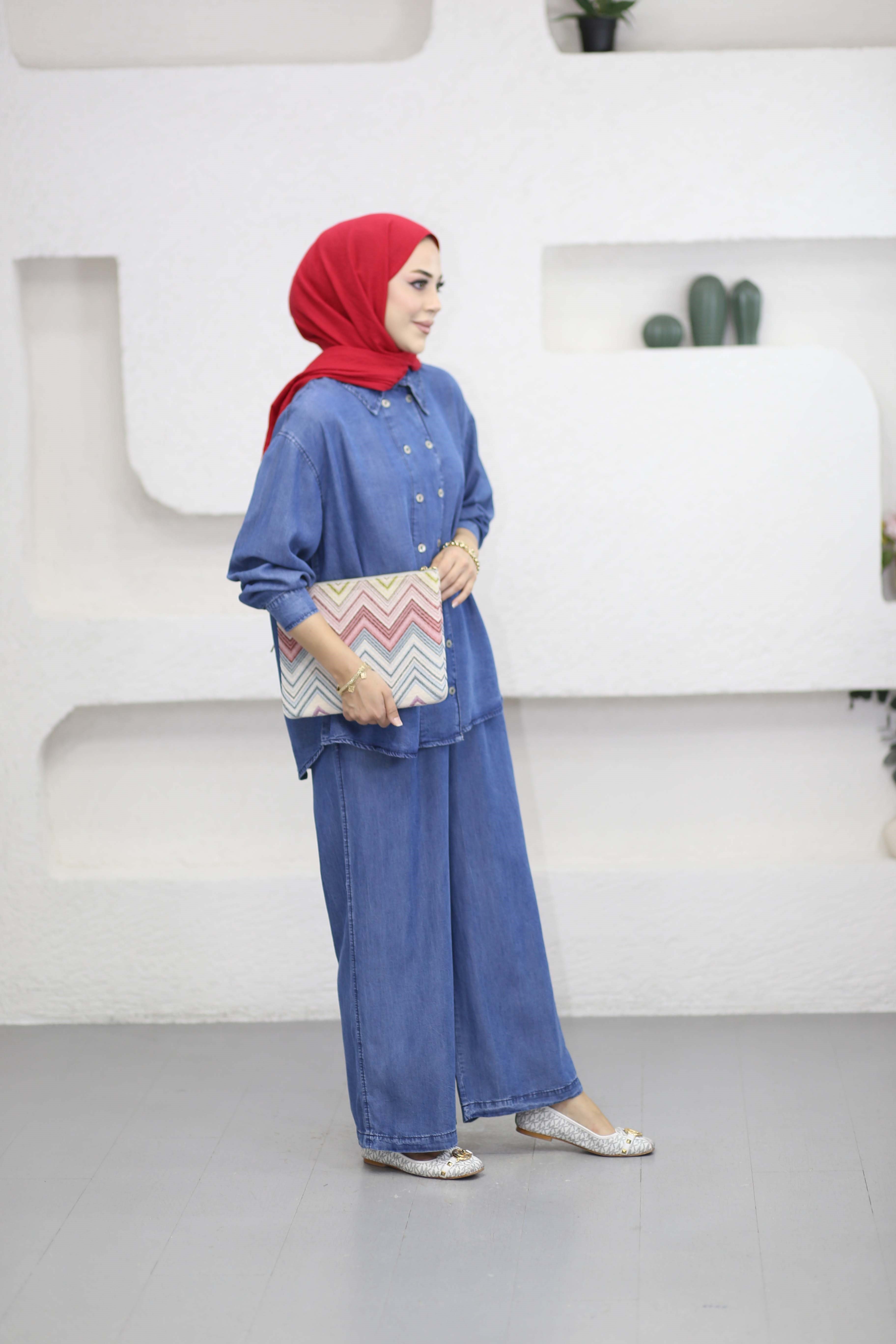 Çift Düğmeli Denim Takım Açık Mavi 6295