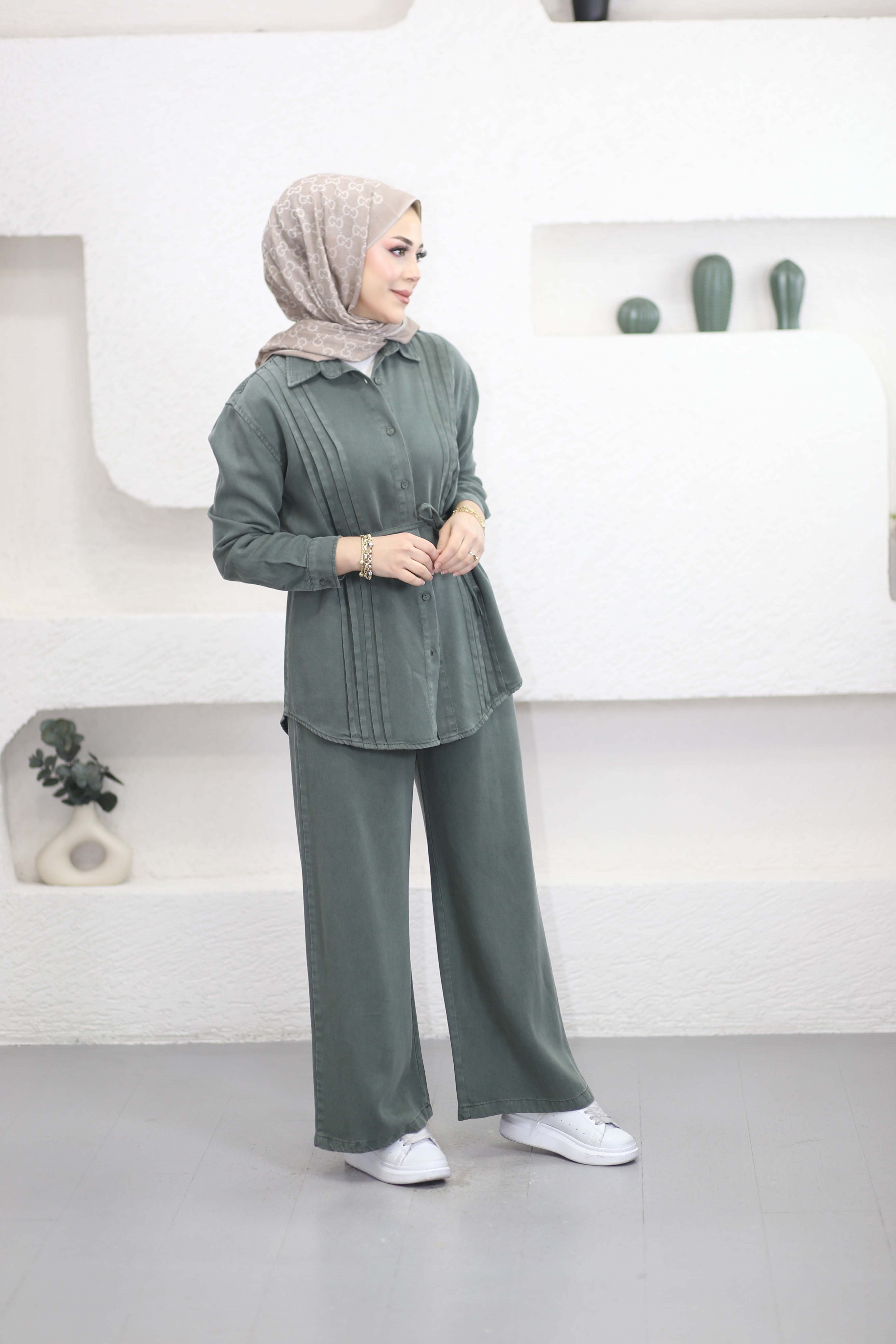 Nervürlü Tencel Takım Yeşil 7496