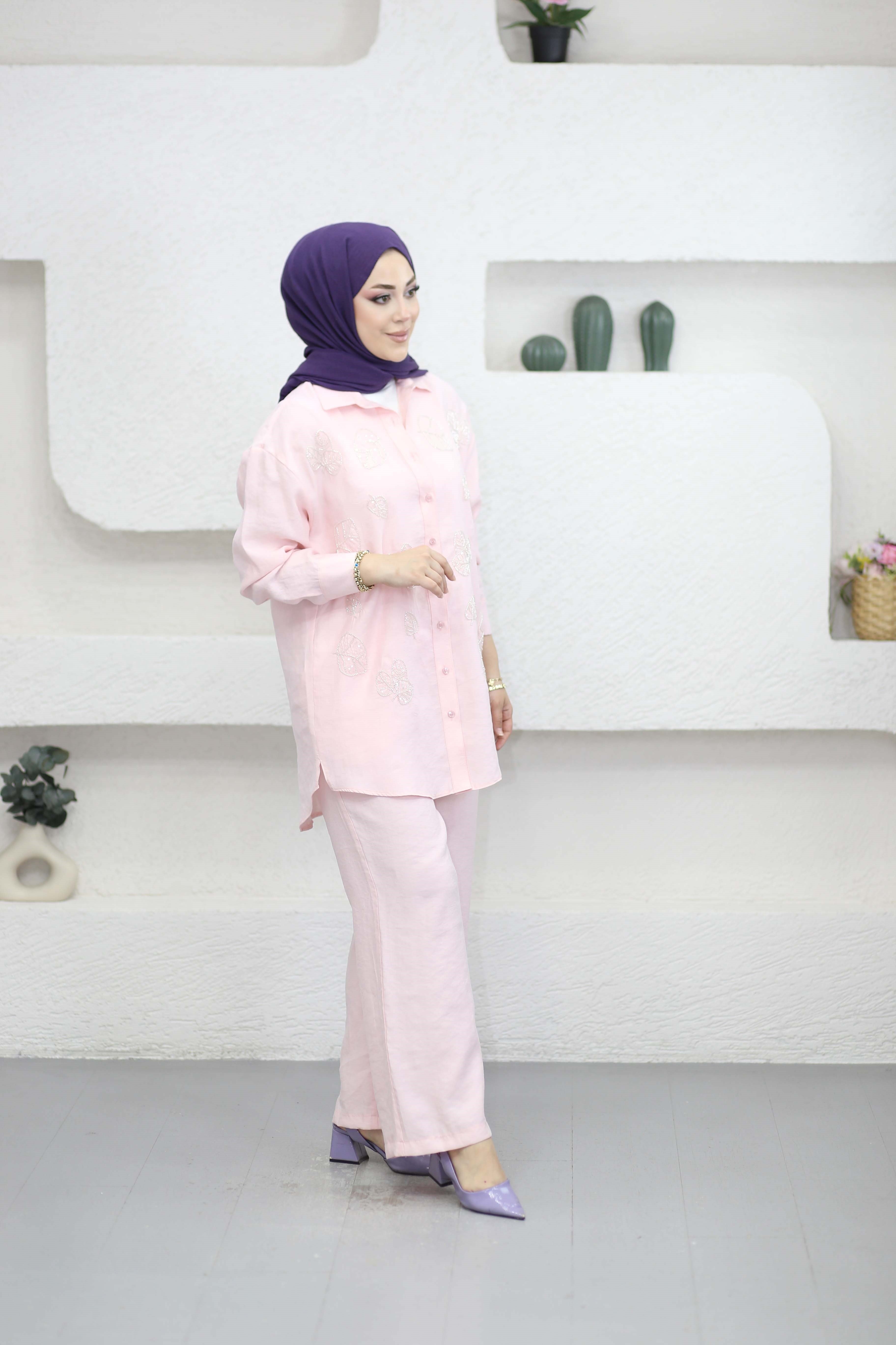 Yaprak  Desenli Takım Pembe 1544