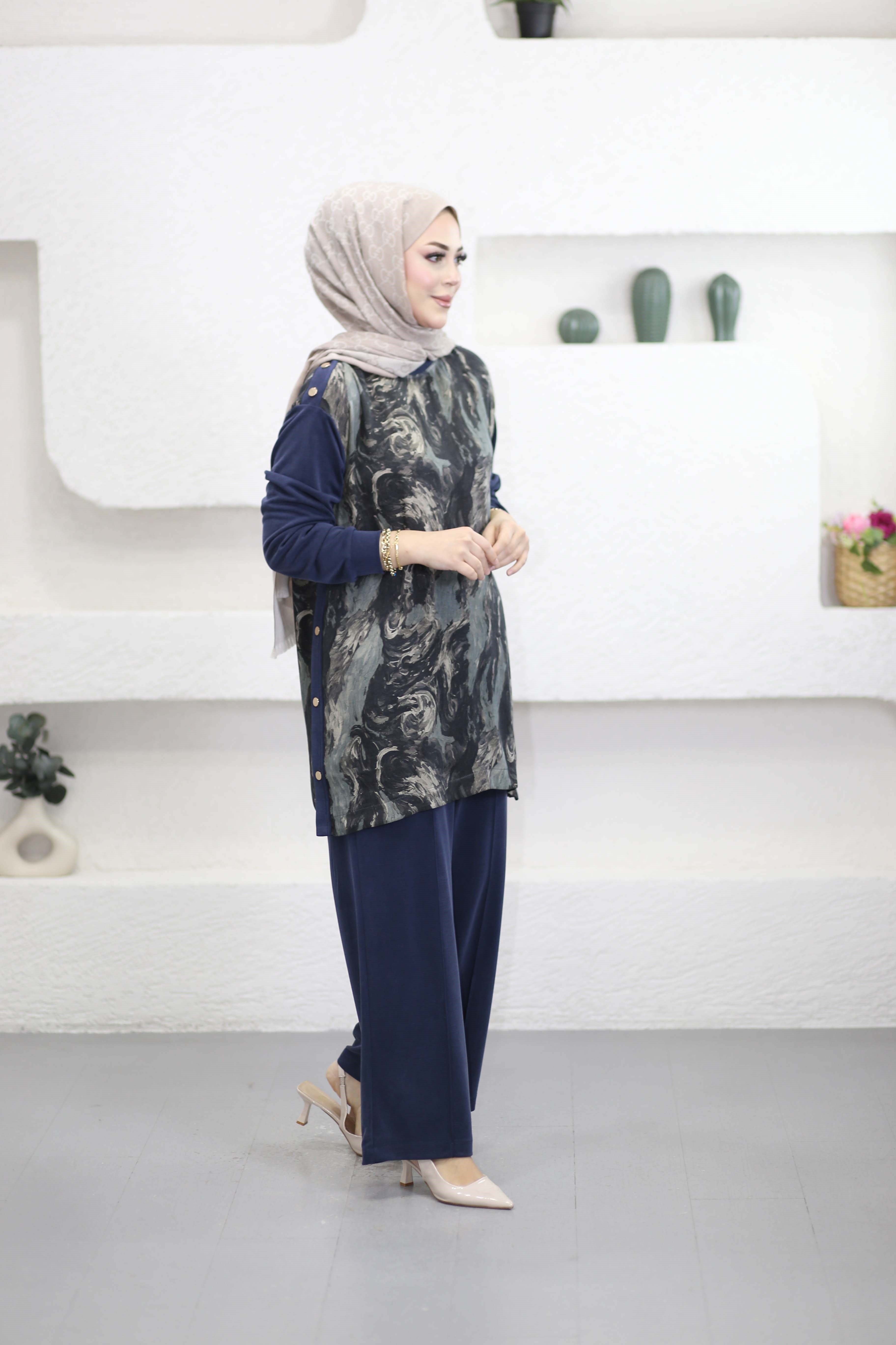 Ebru Desenli Basıc Takım Lacivert 1488