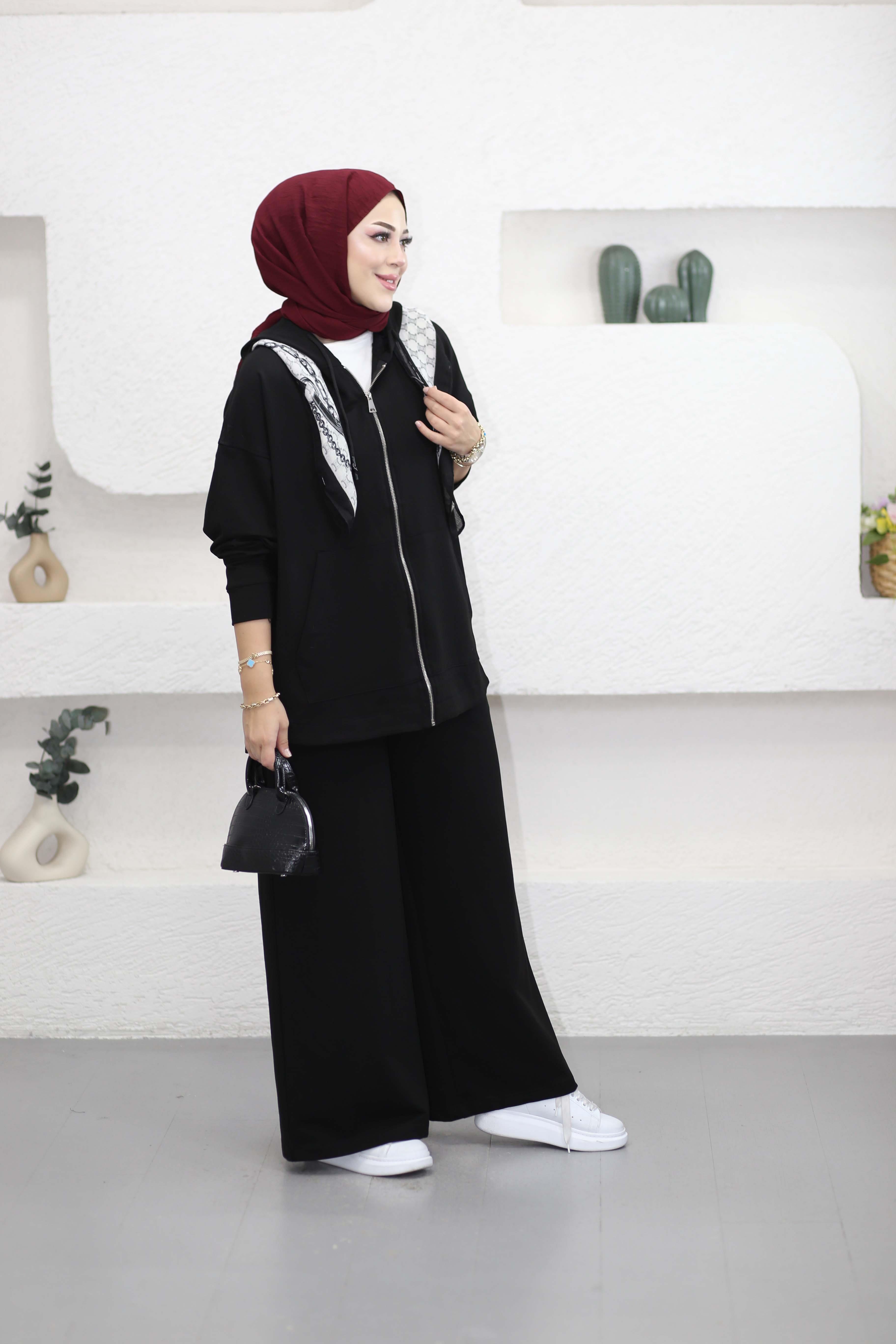Bol Paça Kapşonlu Takım Siyah 9290