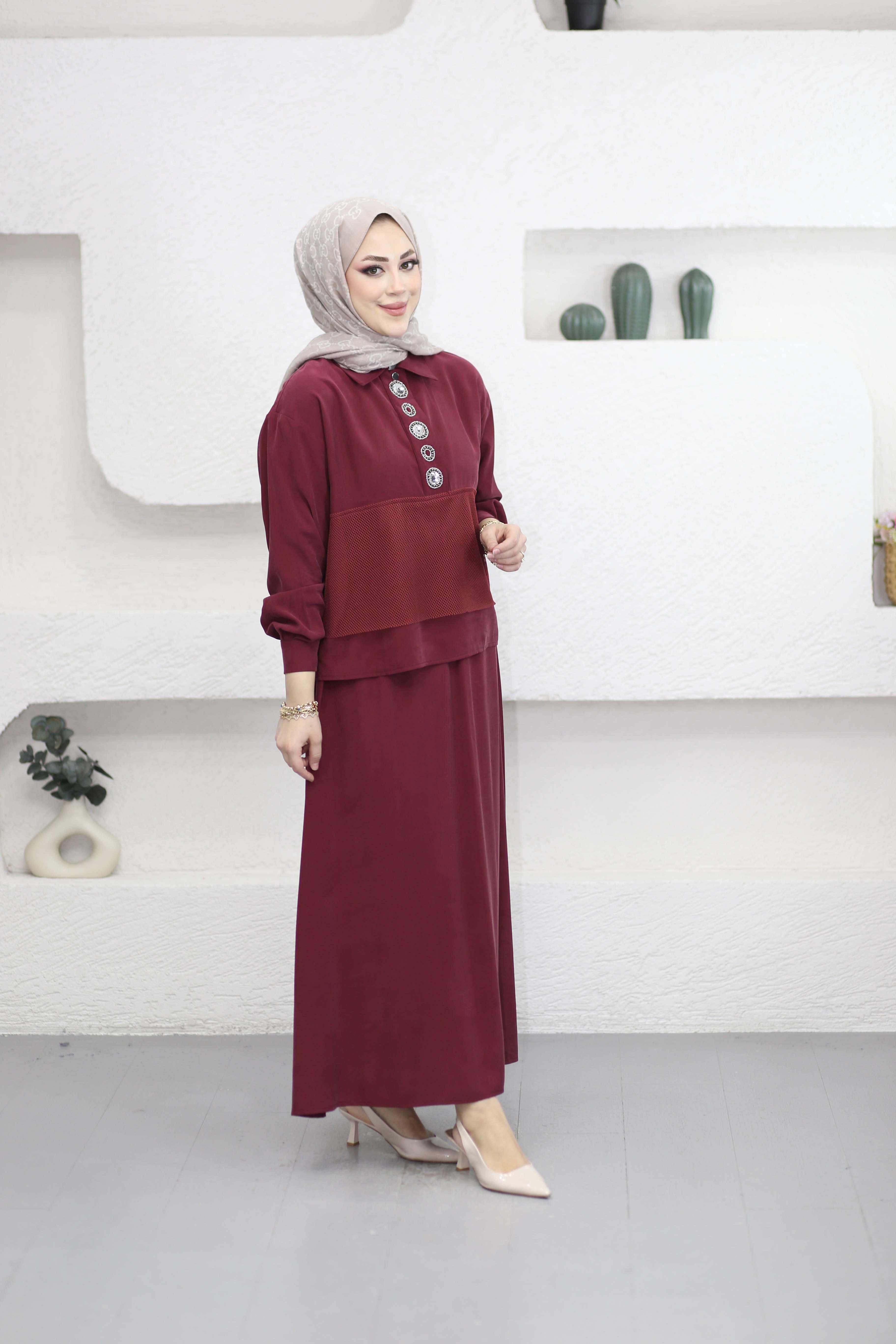 Fileli Etekli Takım Bordo 1503