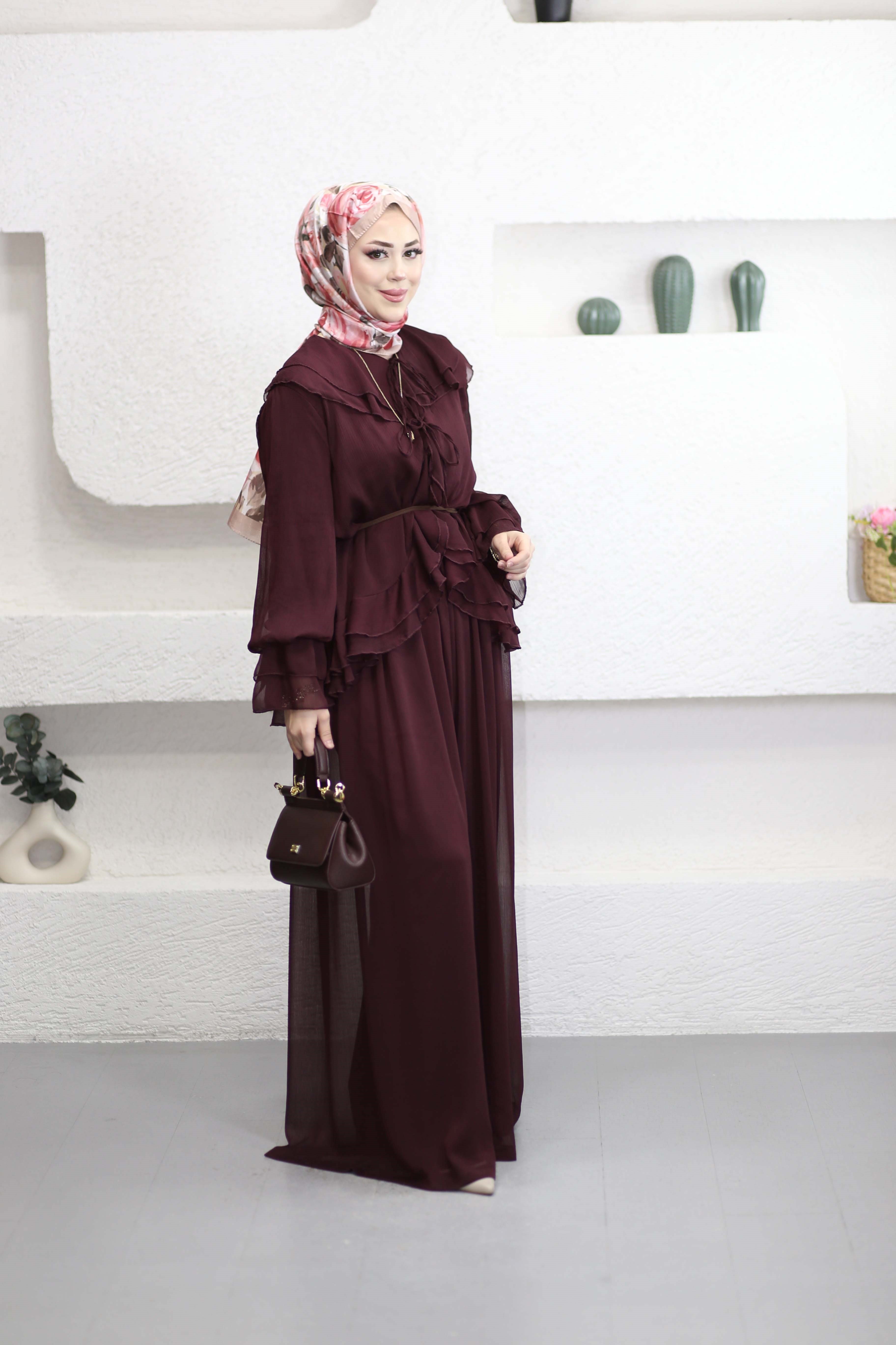 Yaka Ve Kol Volanlı Şifon Takım Bordo 8218