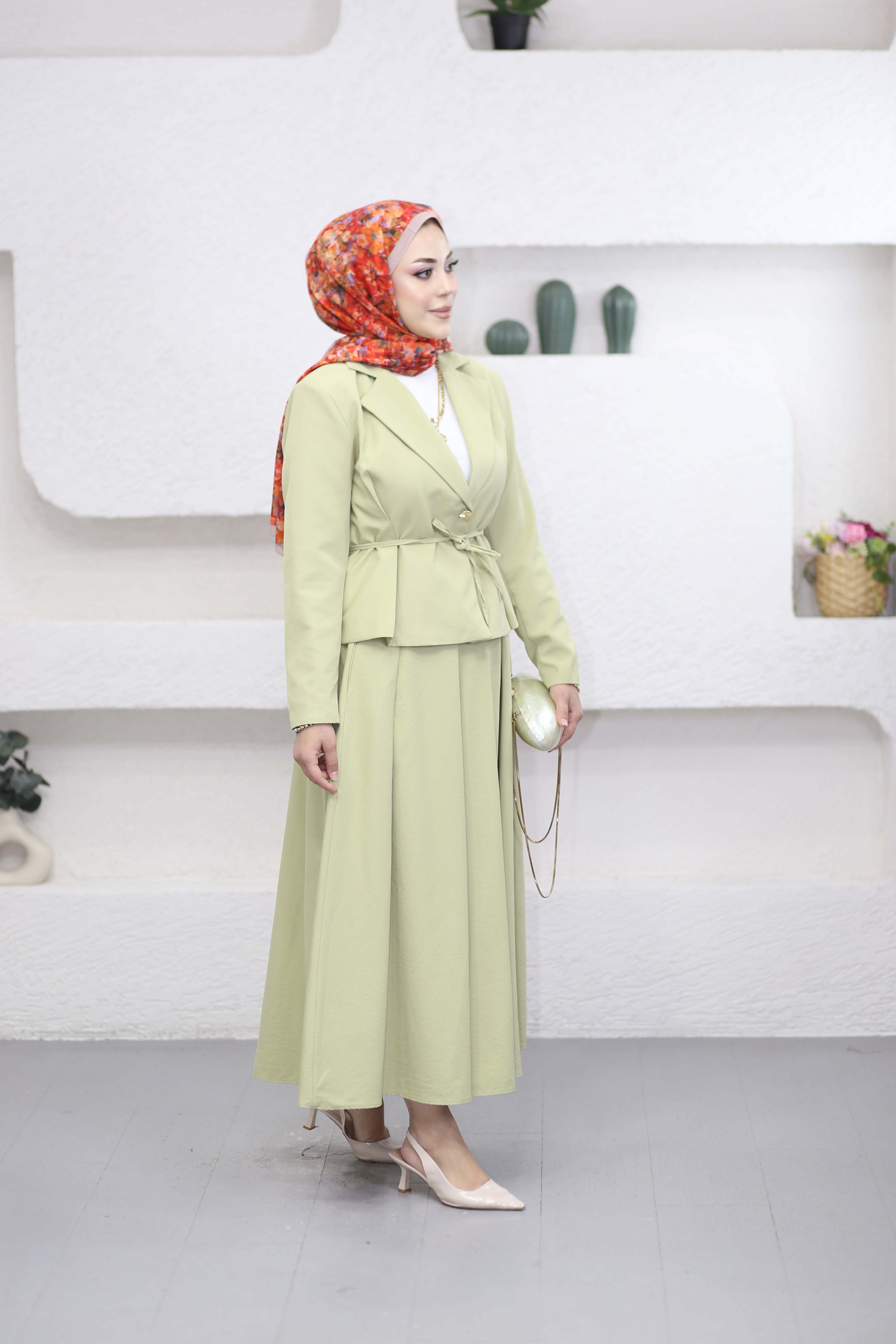 Sara Belden Oturtmalı Etekli Takım Çağla Yeşili 8682