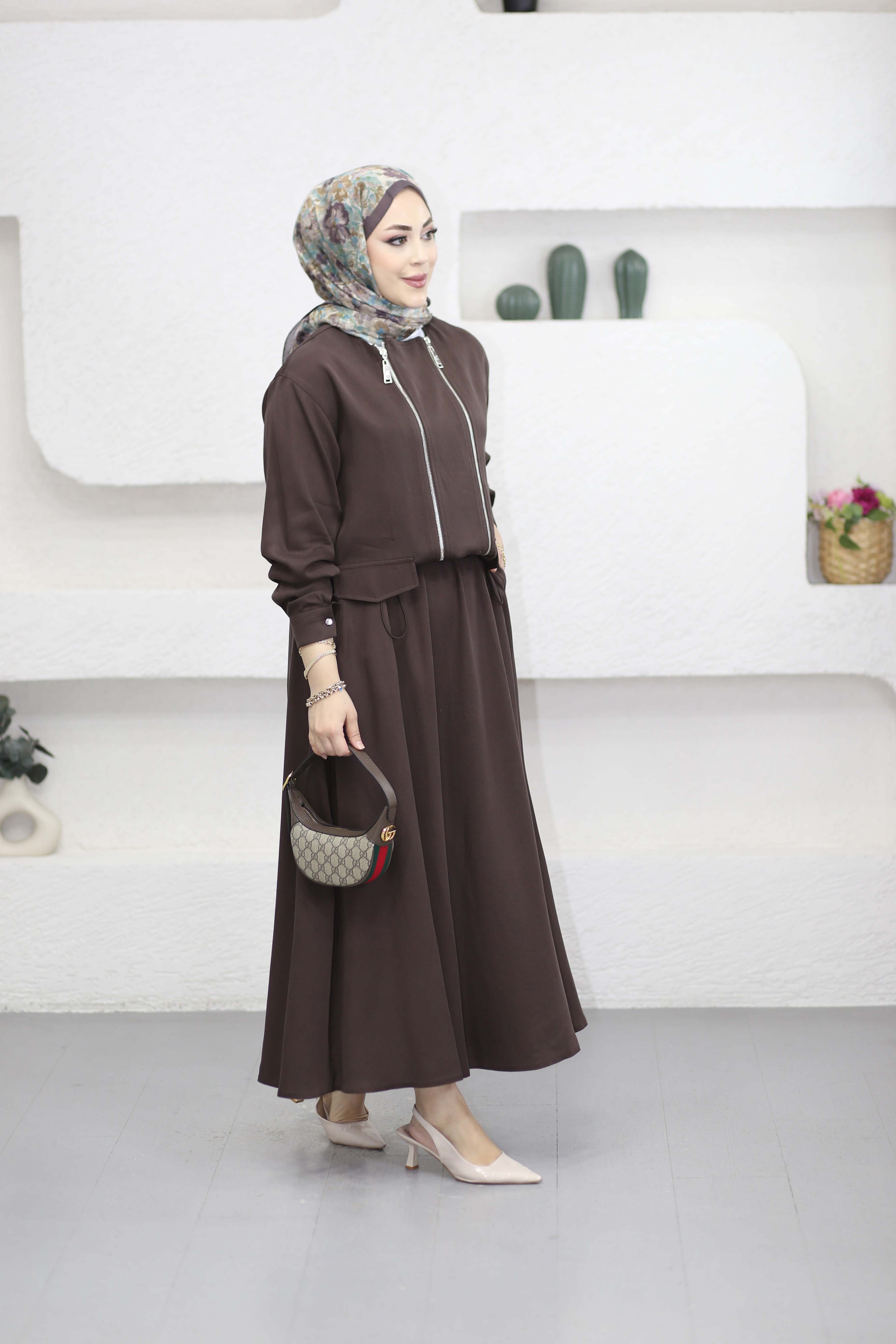 Çift Fermuarlı Etekli Takım Kahverengi 1535