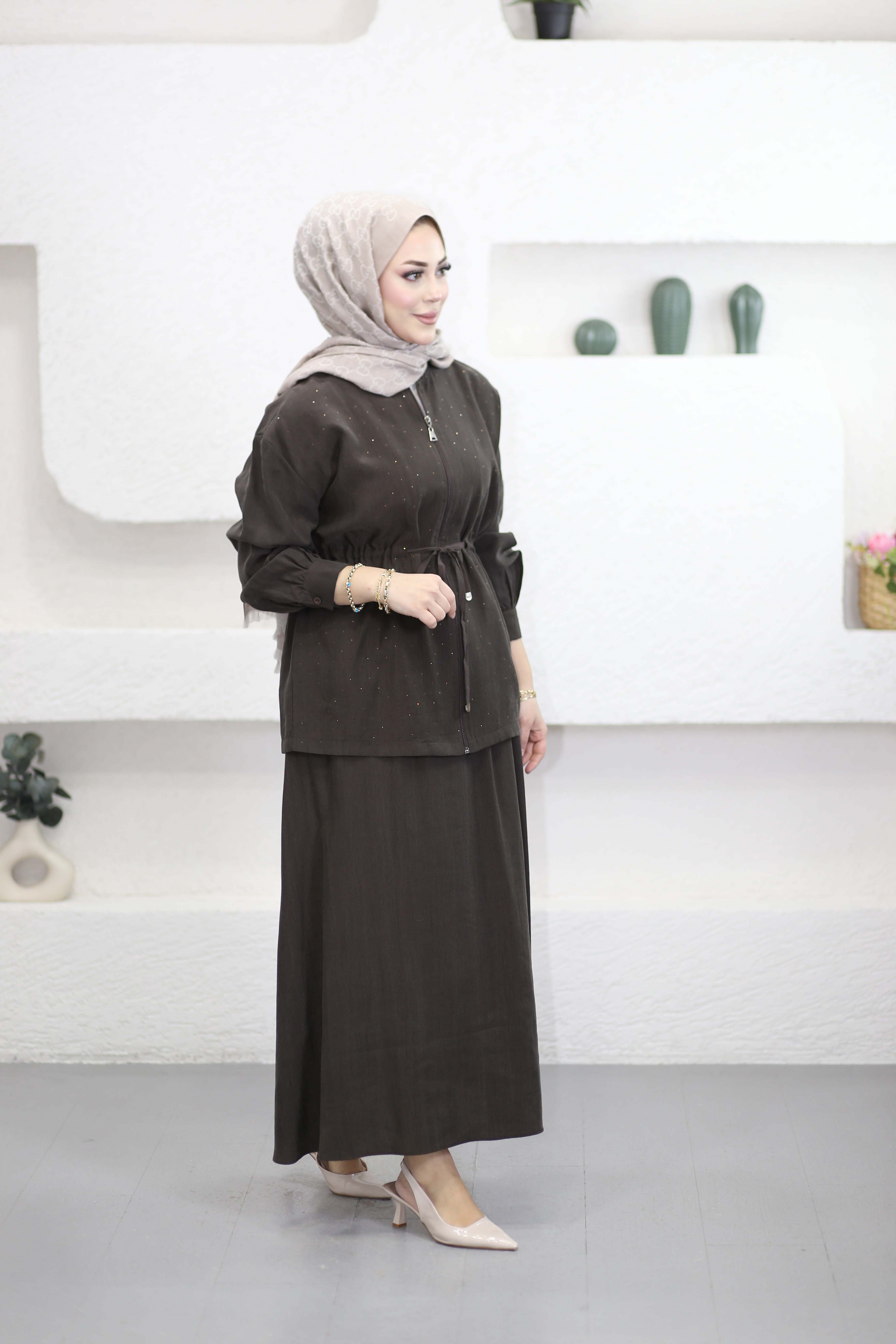 Beli Tünelli Etekli Shine Takım Kahverengi 4466