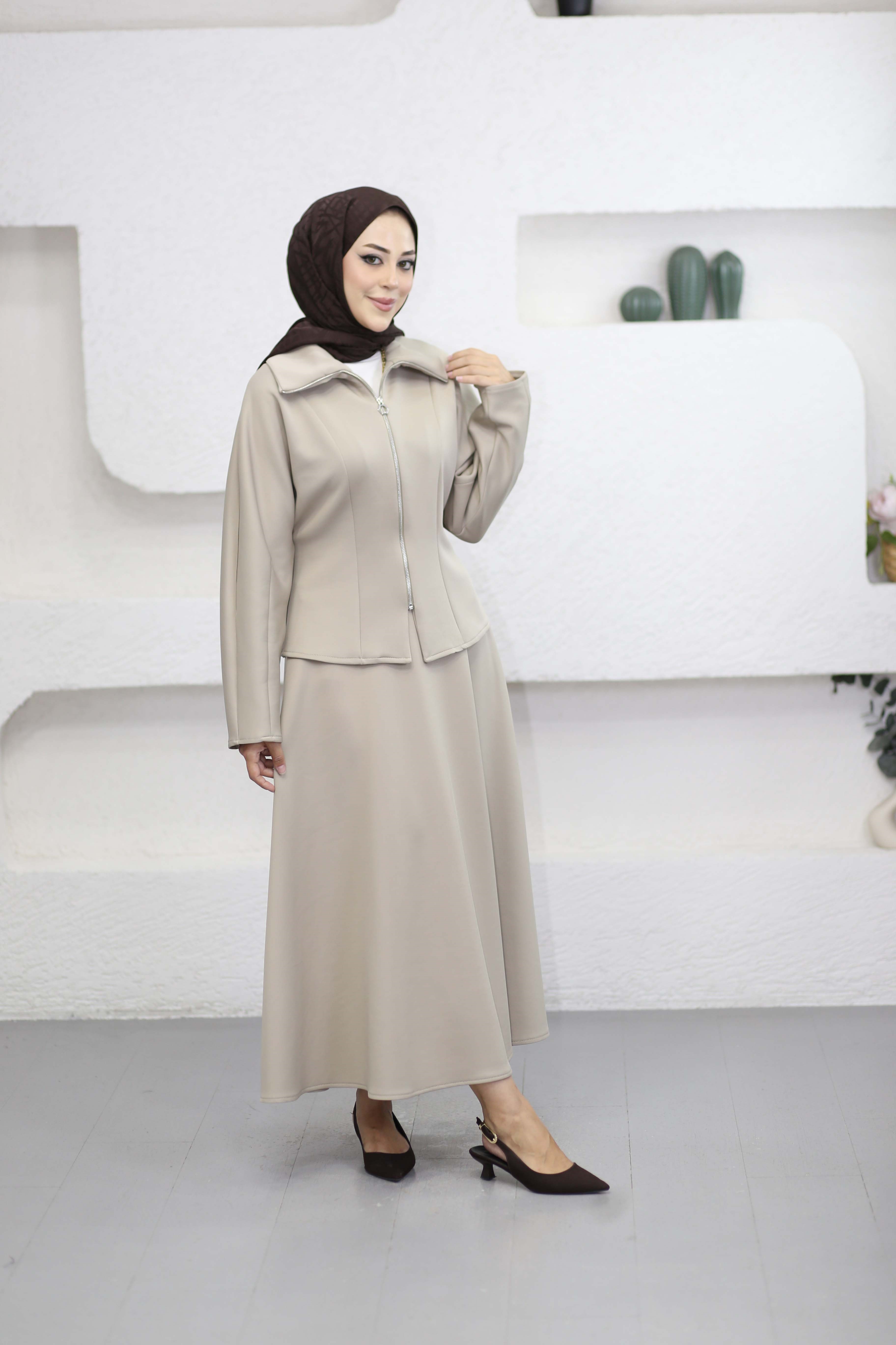 Çift Pensli Etekli Takım Bej 3263