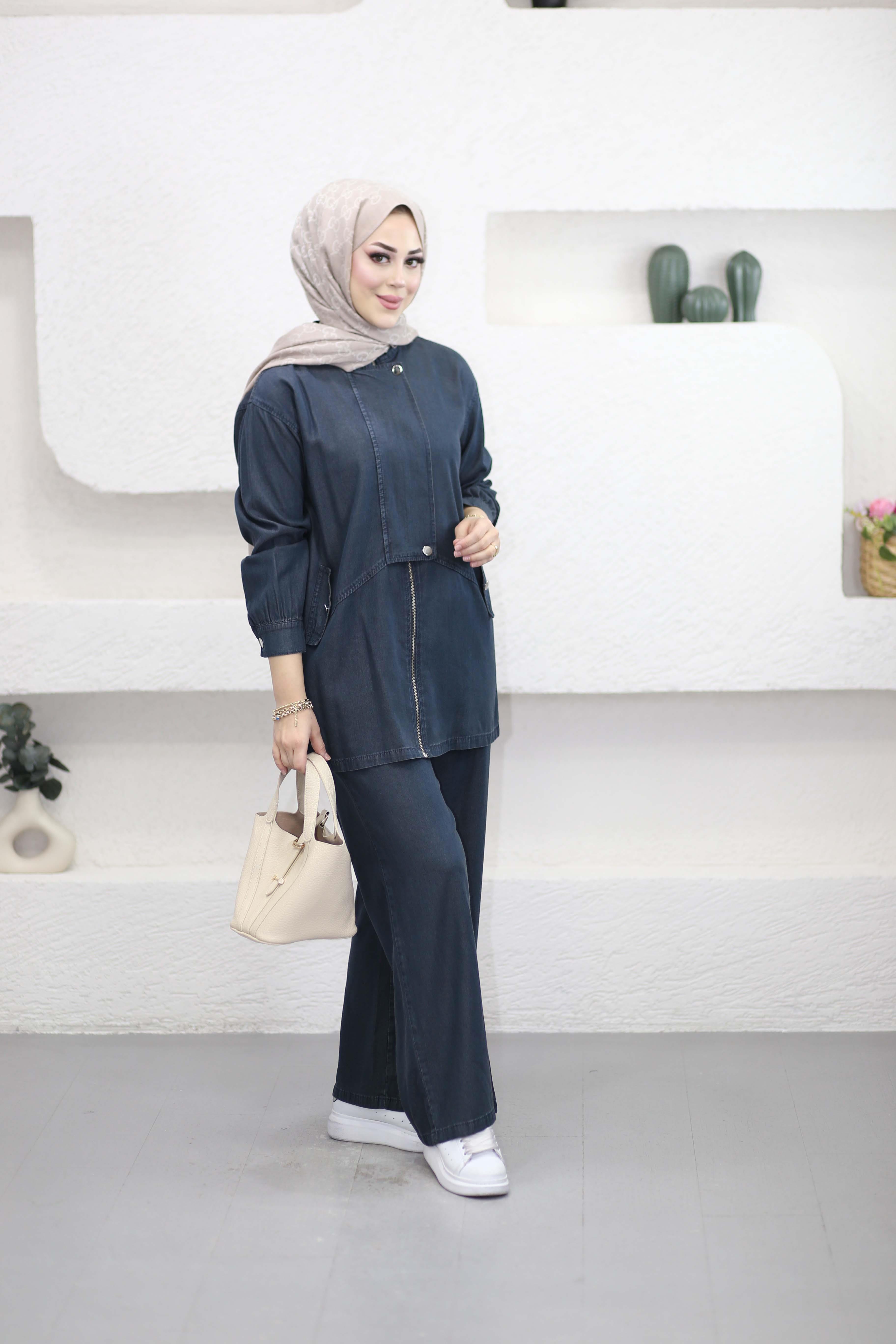 Fermuar Kapamalı Denim Takım Koyu Mavi 7490