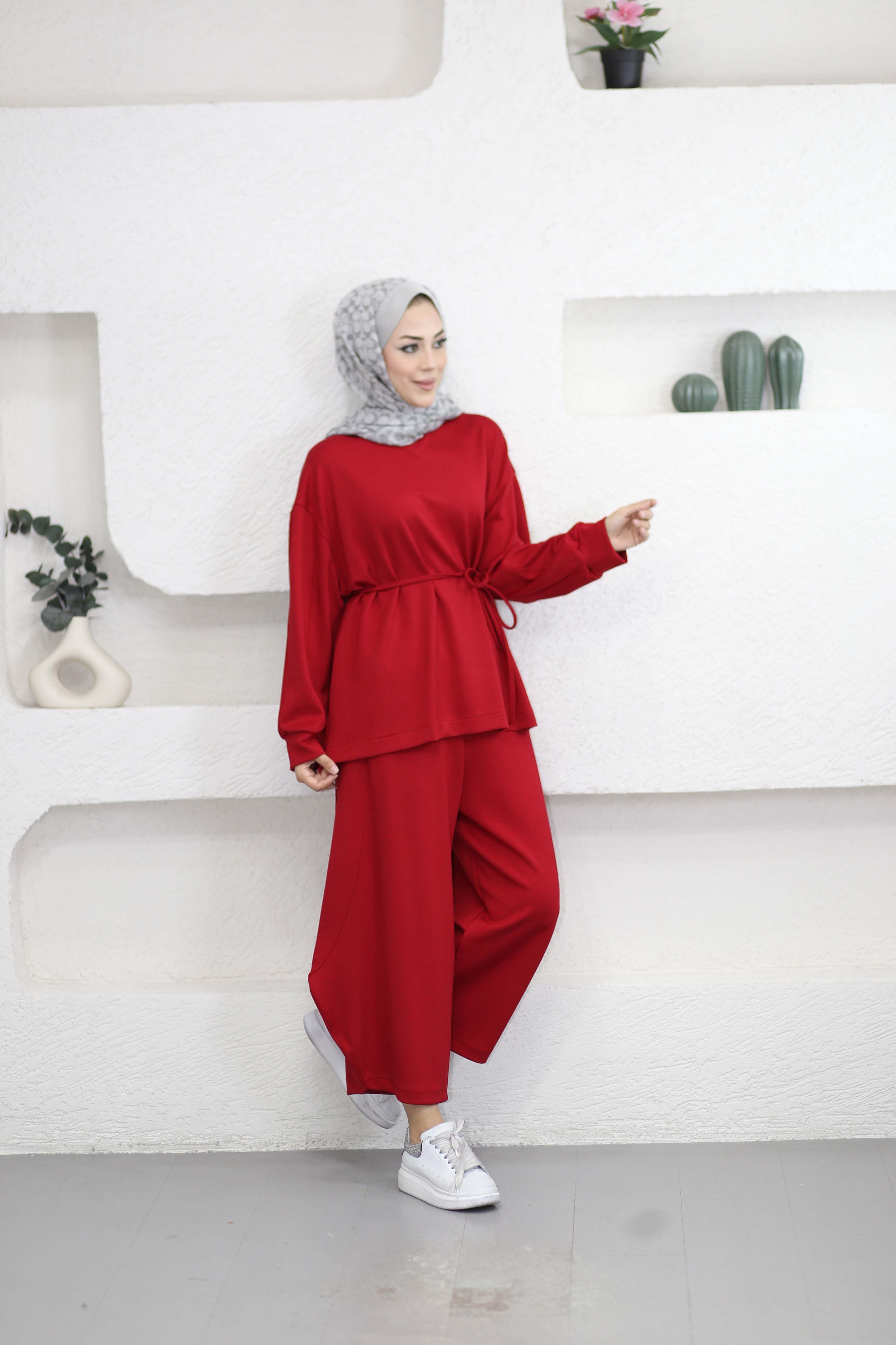 Dikiş Detaylı Havuç Pantolon Takım Kırmızı 8896