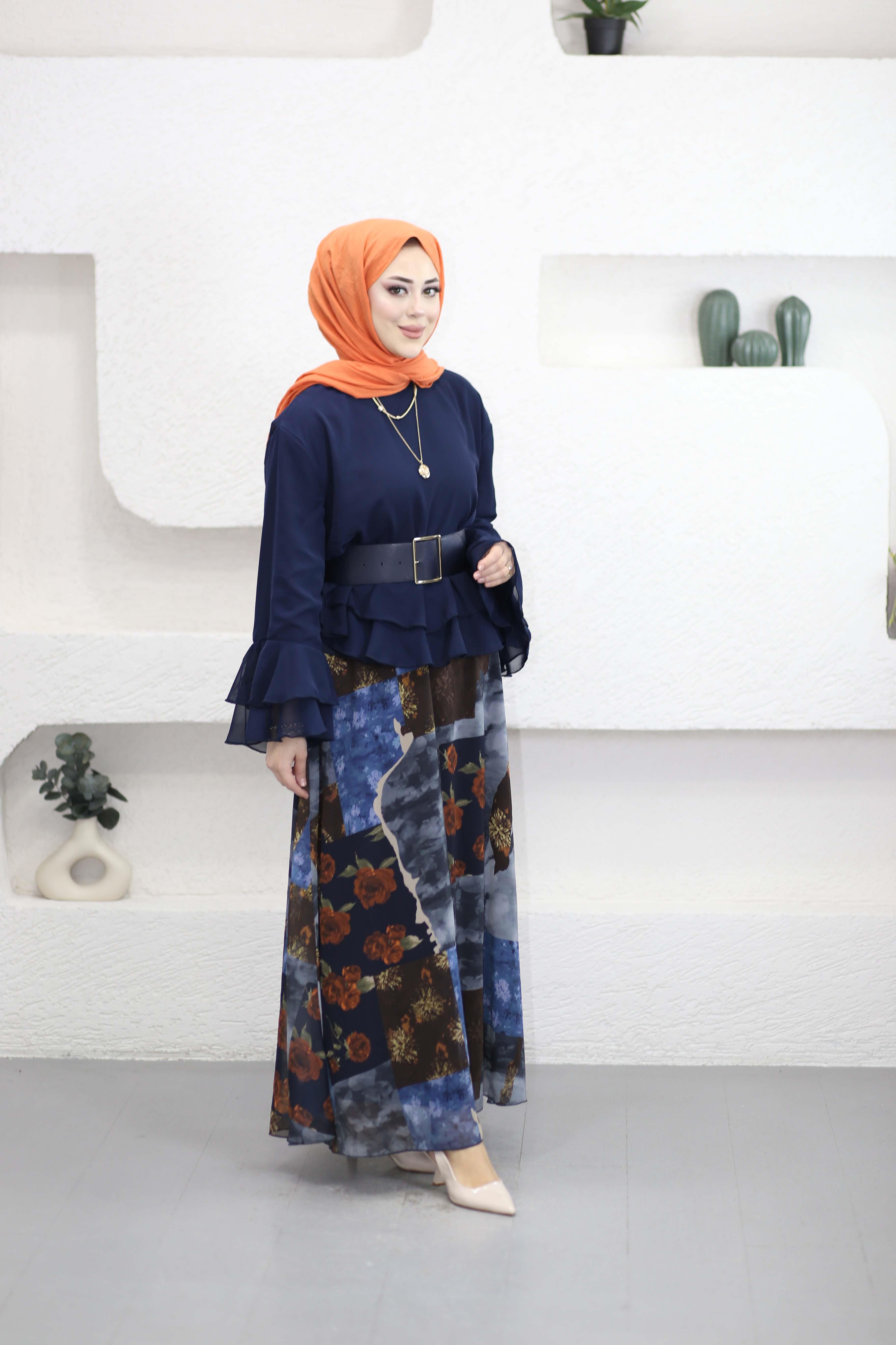 Etek Desenli Şifon Takım Lacivert 8281