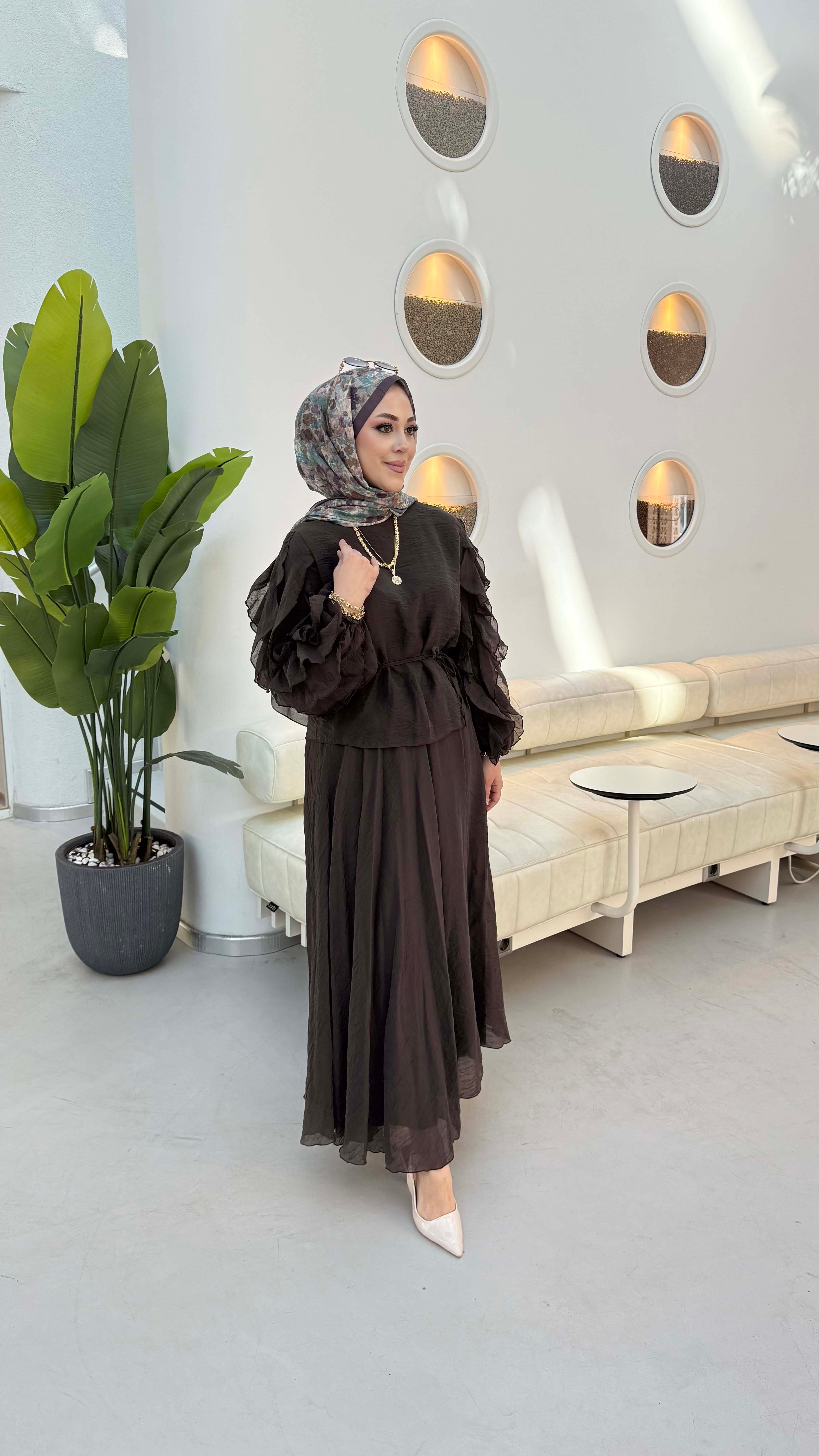 Kol Fırfır Detaylı Takım Kahverengi 22861