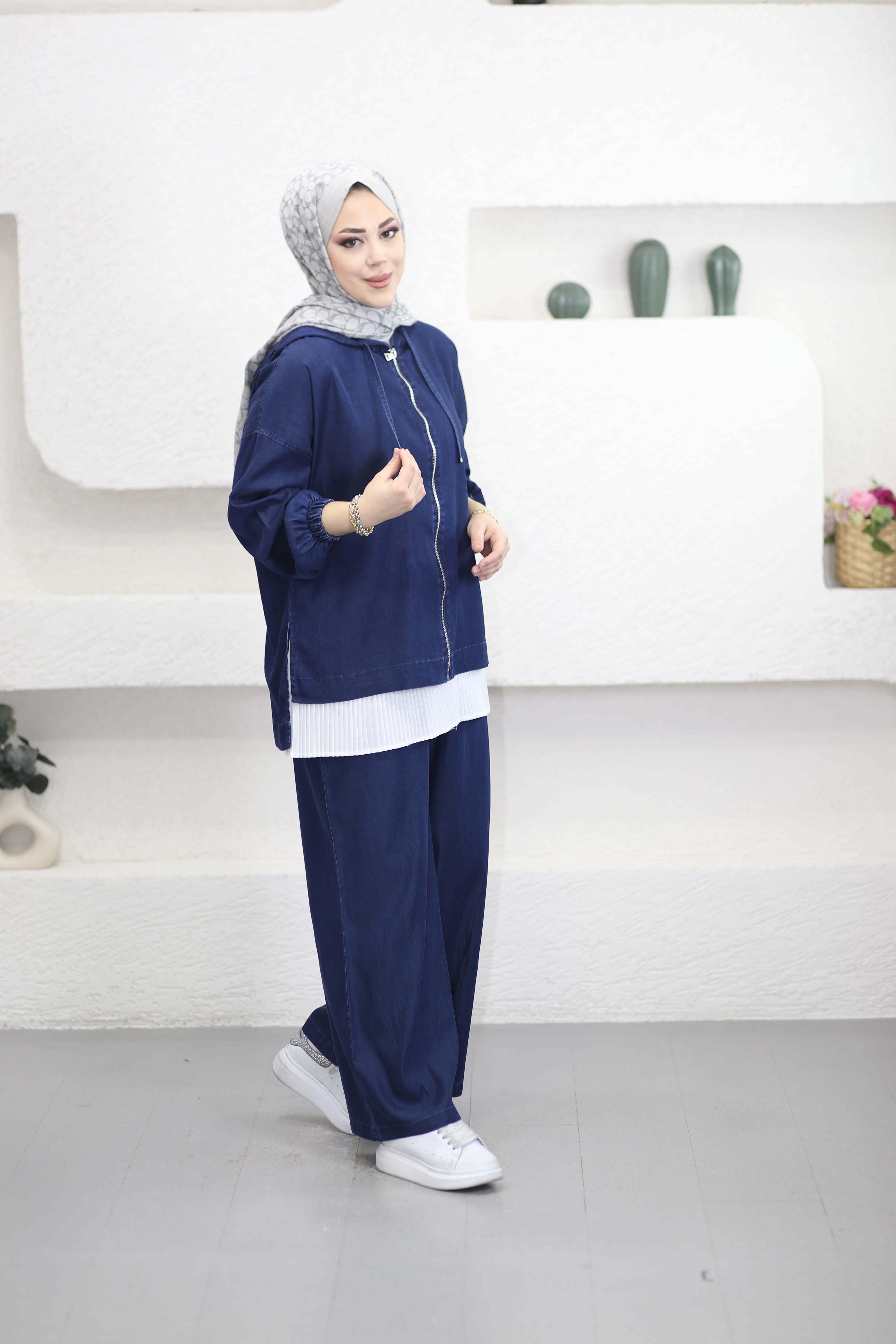 Fermuar Yaka Denim Takım Koyu Mavi 5869