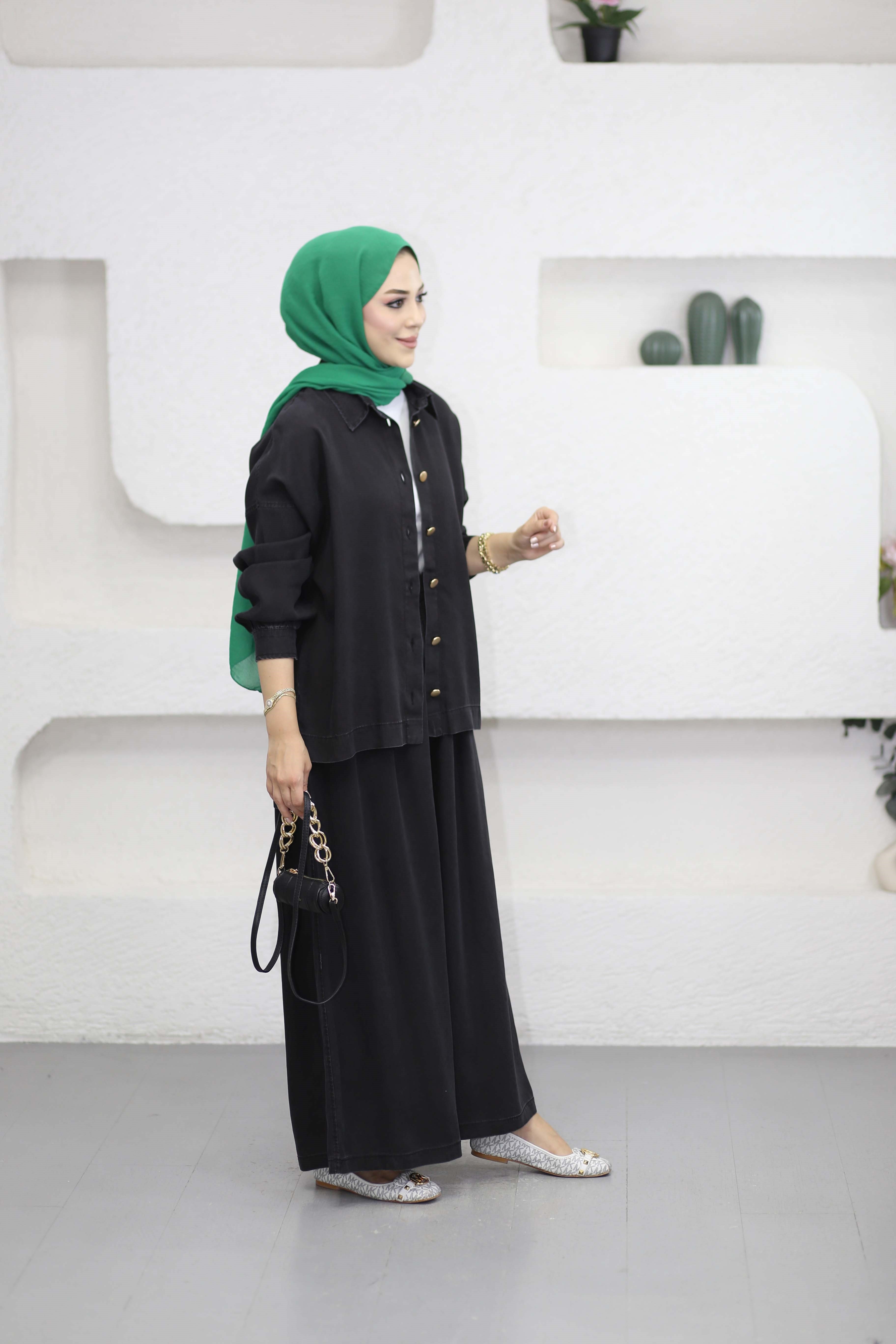 Pirinç Düğmeli Tencel Takım Siyah 6218