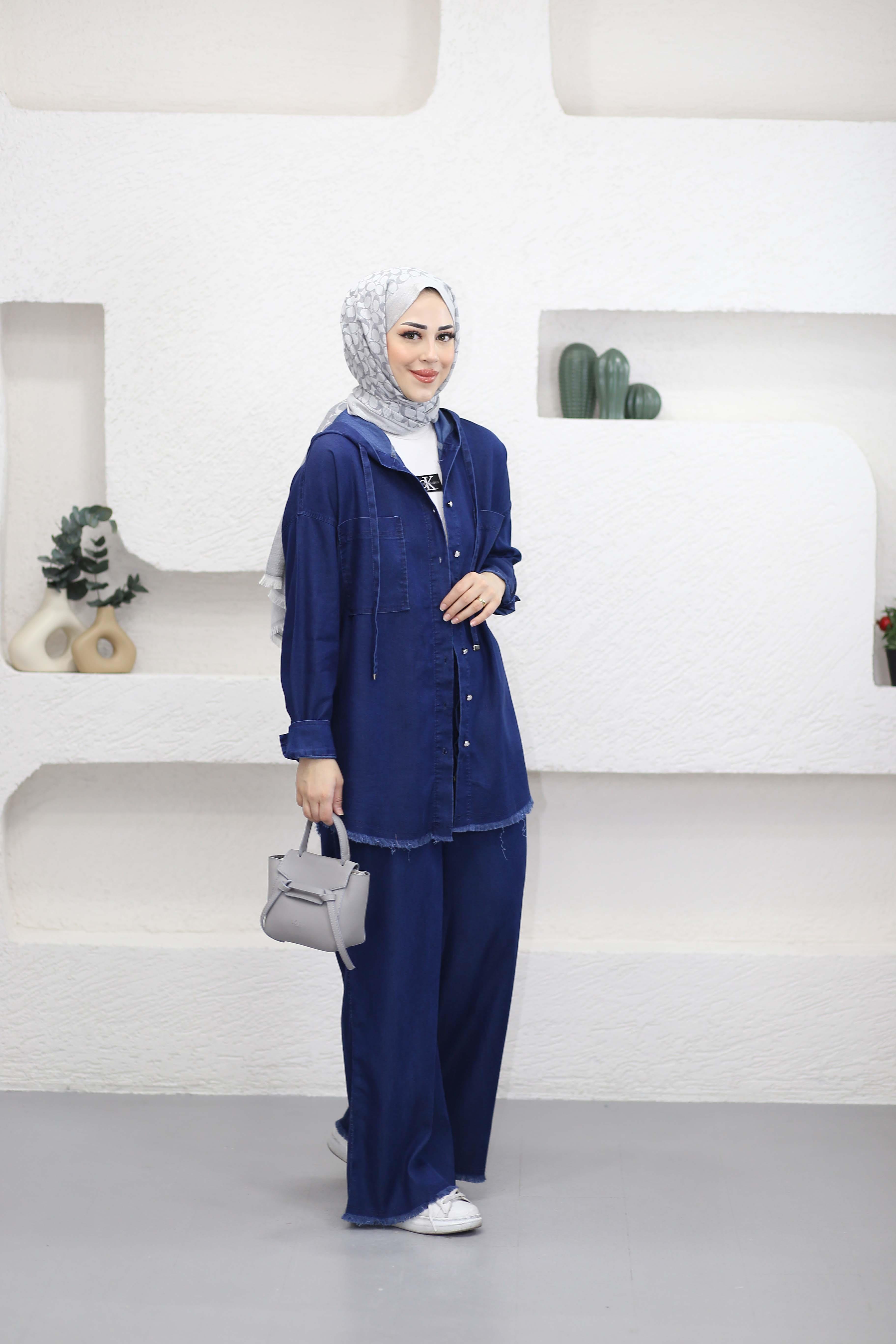 Etek Ucu Püsküllü Tencel Takım Koyu Mavi 5649