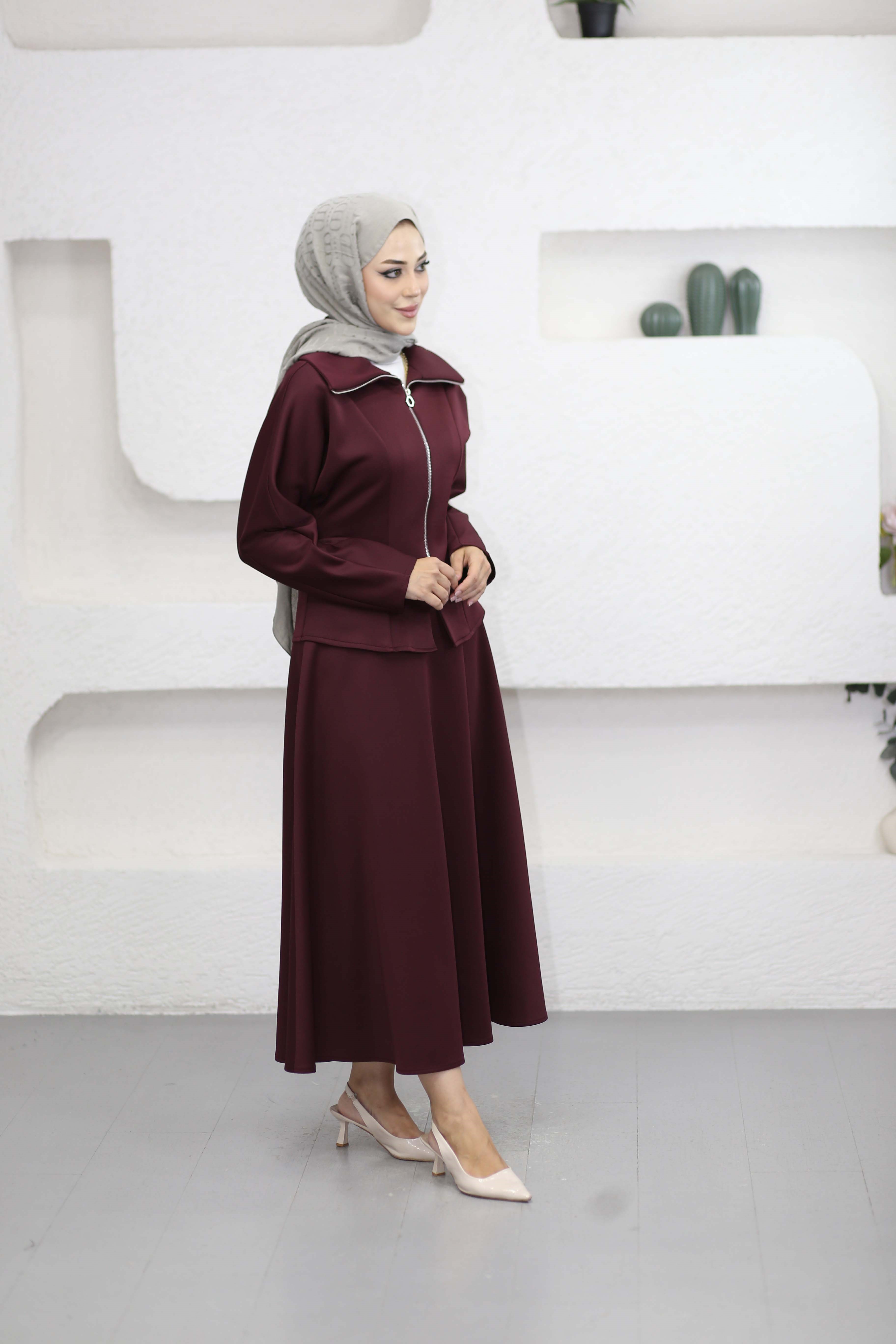 Çift Pensli Etekli Takım Bordo 3263