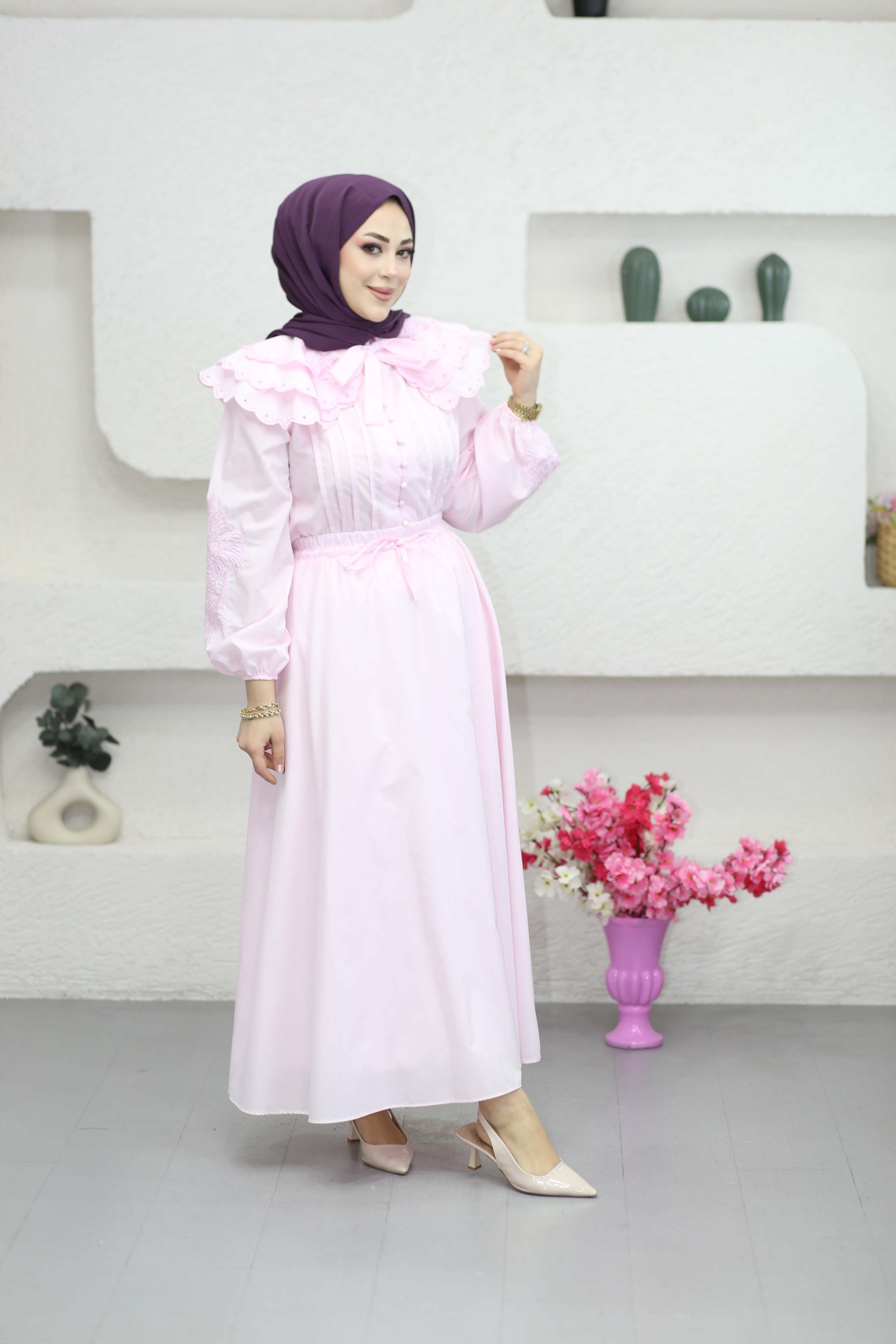 Yaka Nakışlı Dacron Takım Pembe 8350