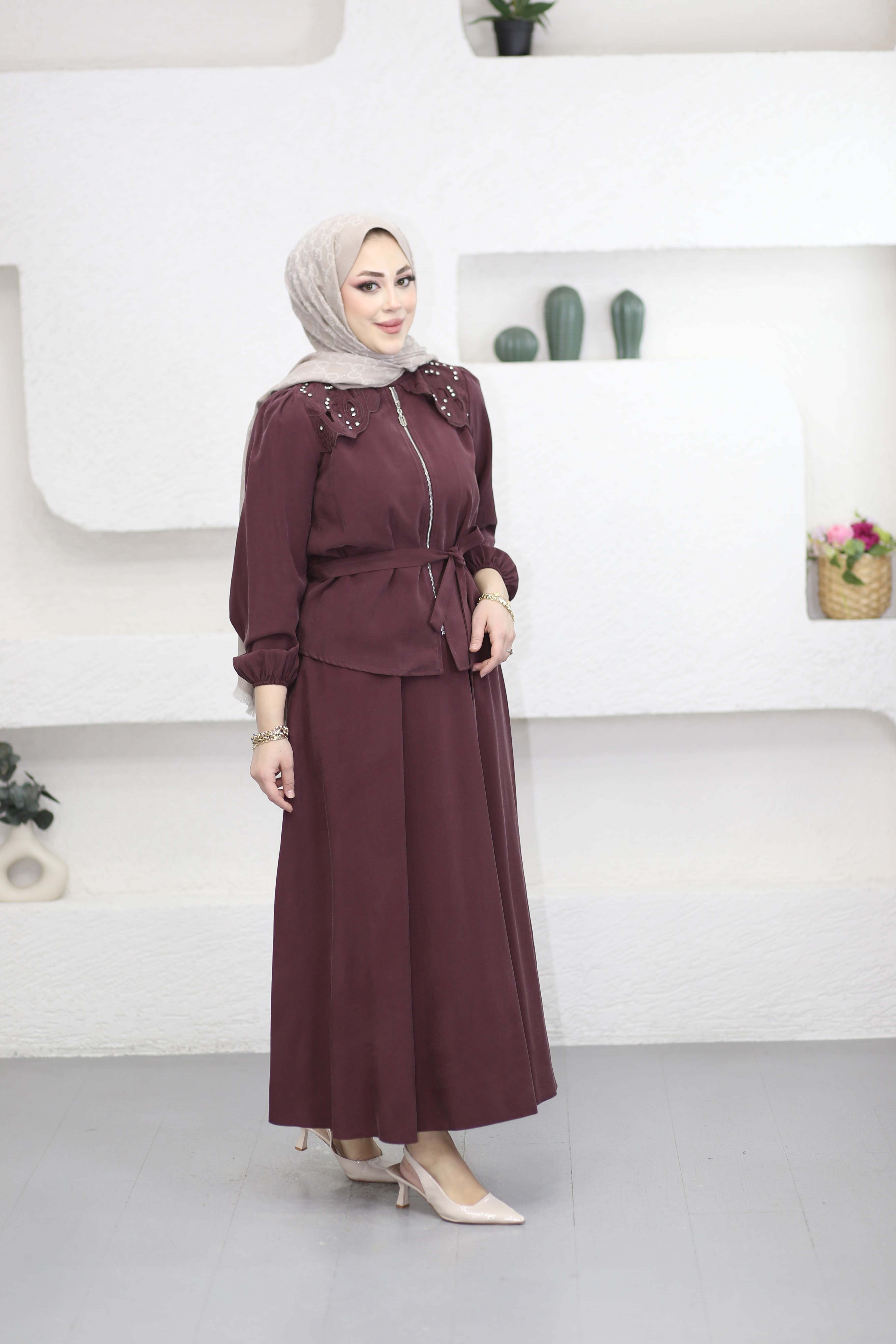 Omuz Detaylı Etek Takım Bordo 7344