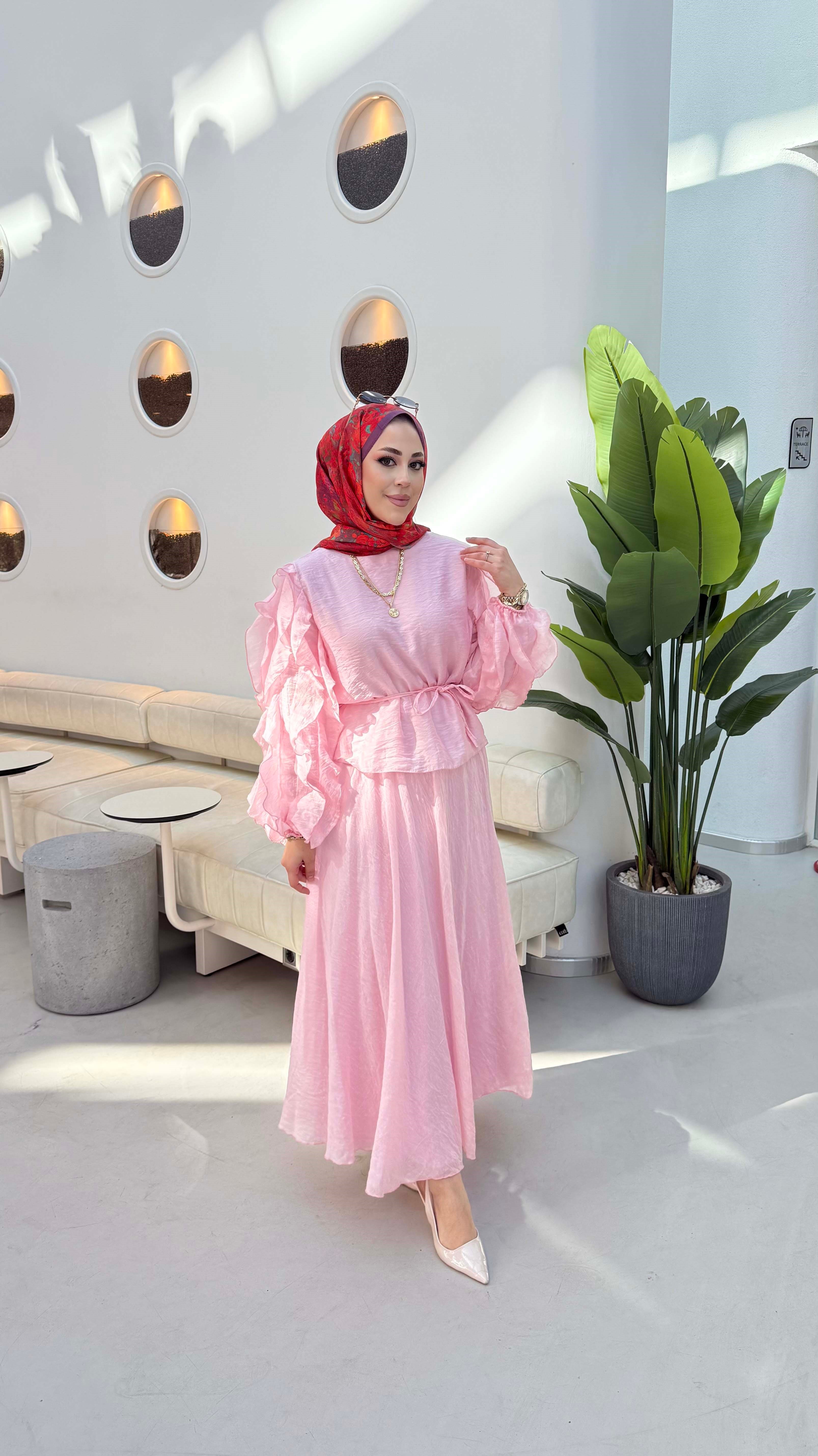 Kol Fırfır Detaylı Takım Pembe 22861