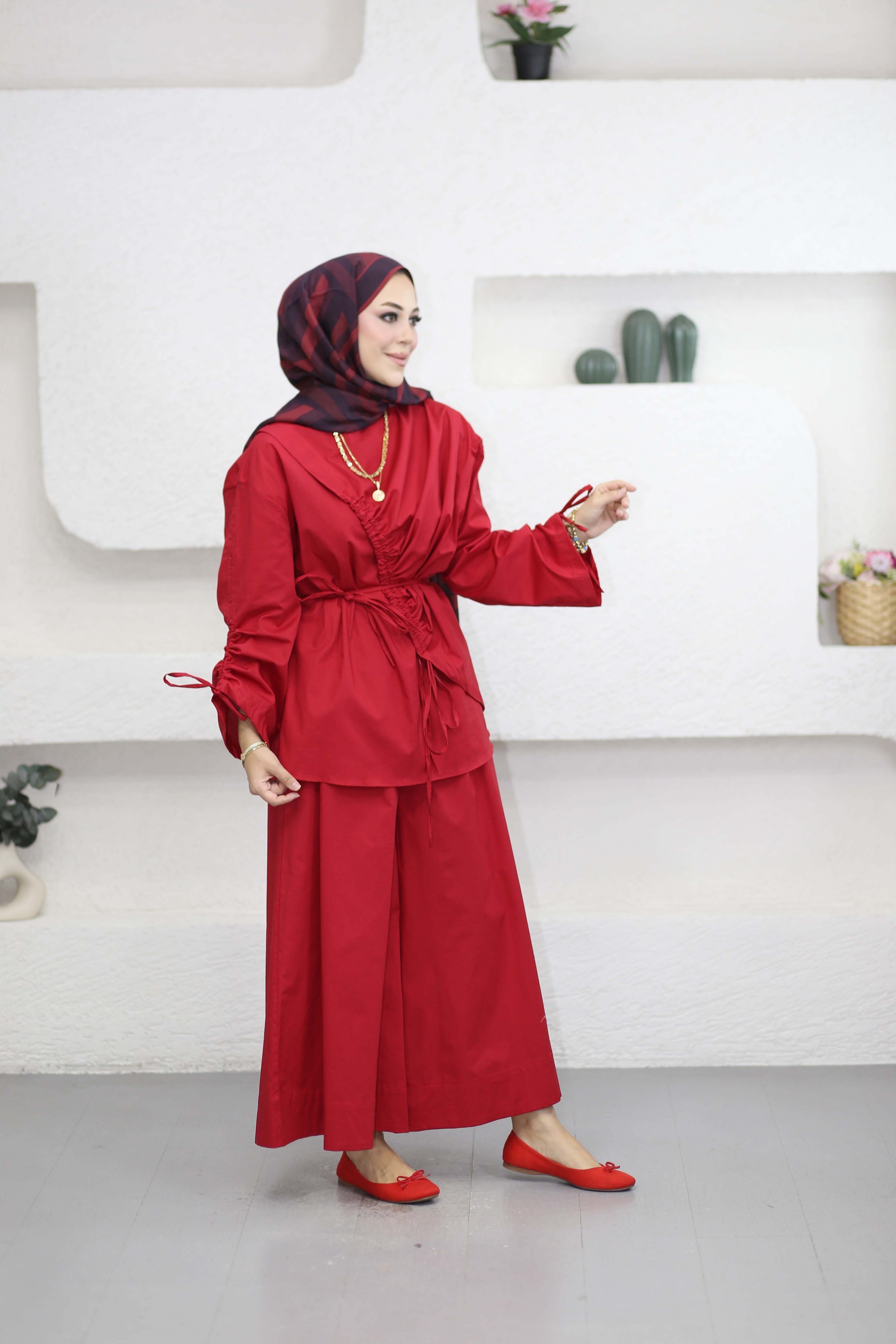Biye Detaylı Poplin Takım Kırmızı 8859