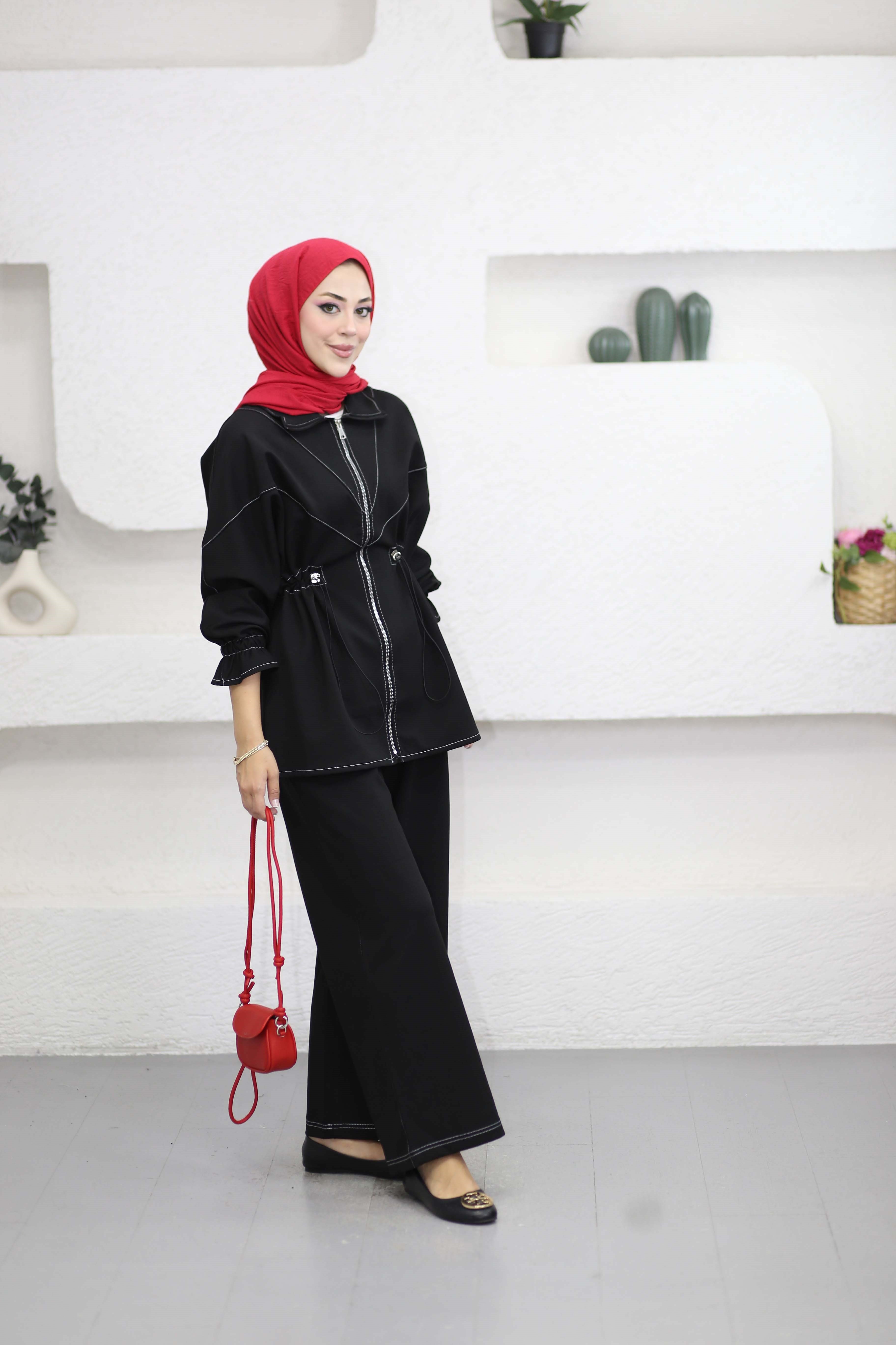 Dikiş Detaylı Denim Takım Siyah 6723