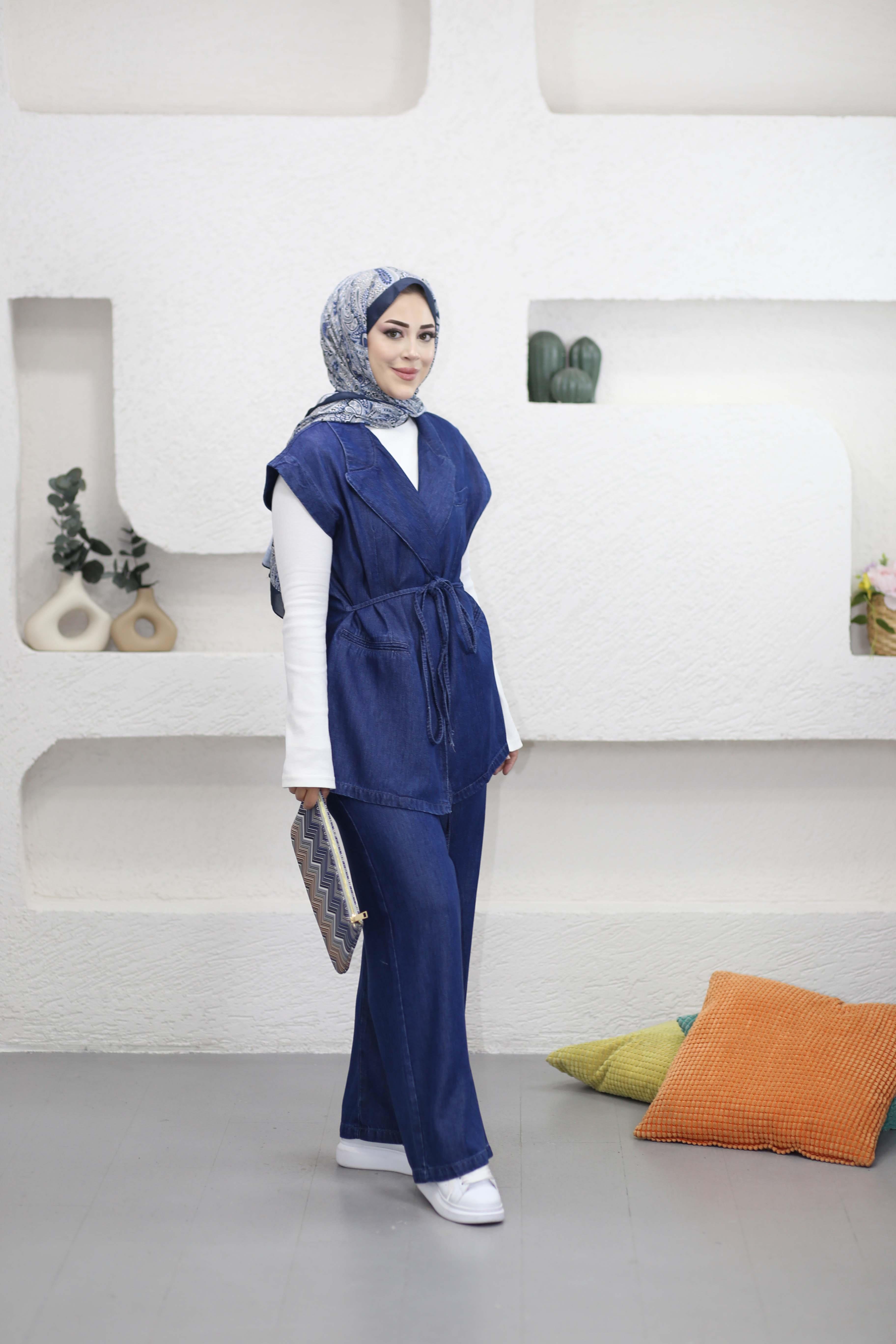 Bağlamalı Denim Yelek Takım Koyu Mavi 7422