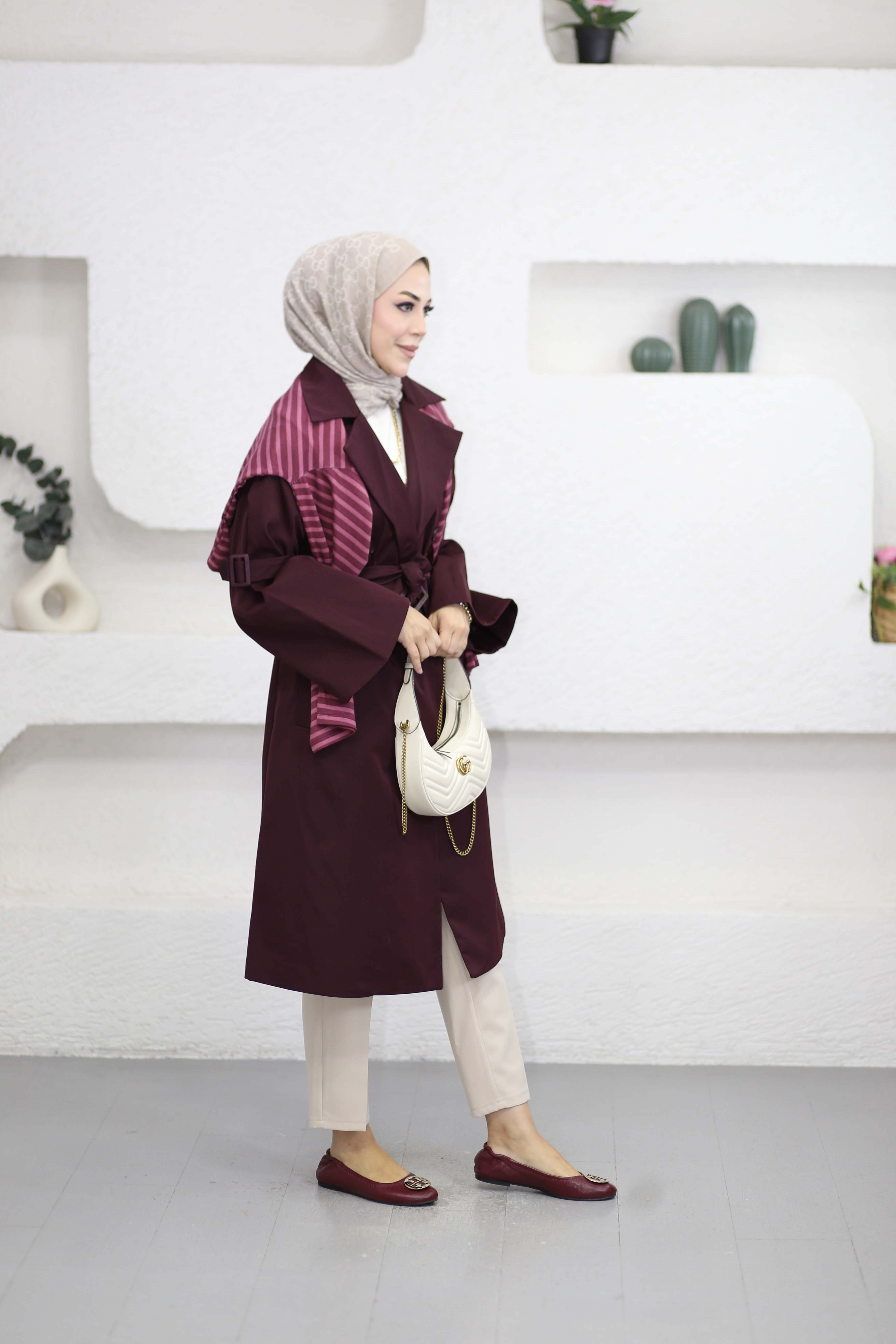 Kol Kuşak Detaylı Trençkot Bordo 2889