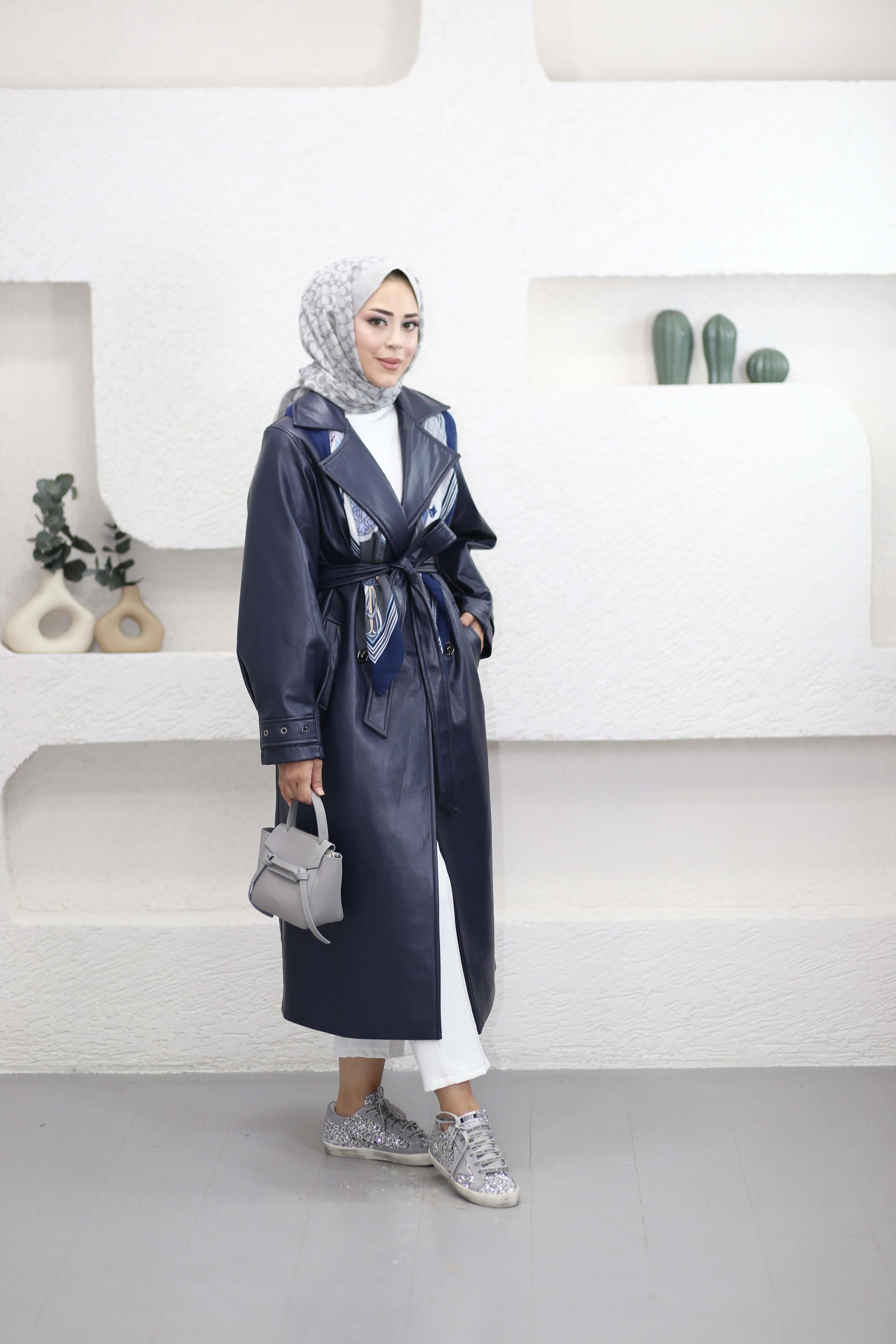 Deri Trençkot Lacivert 4214