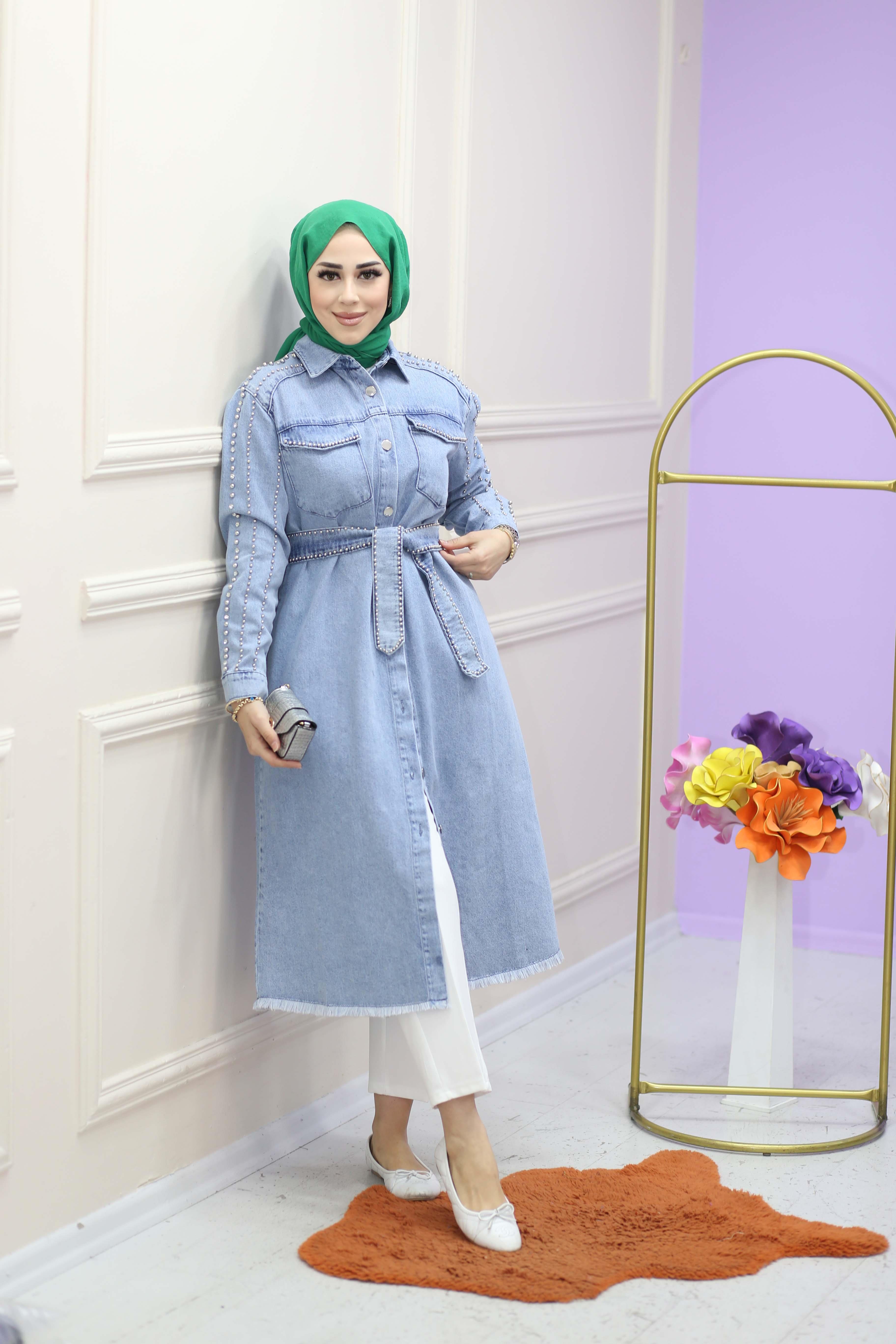 Sıra Taşlı Denim Trenç Açık Mavi 7157