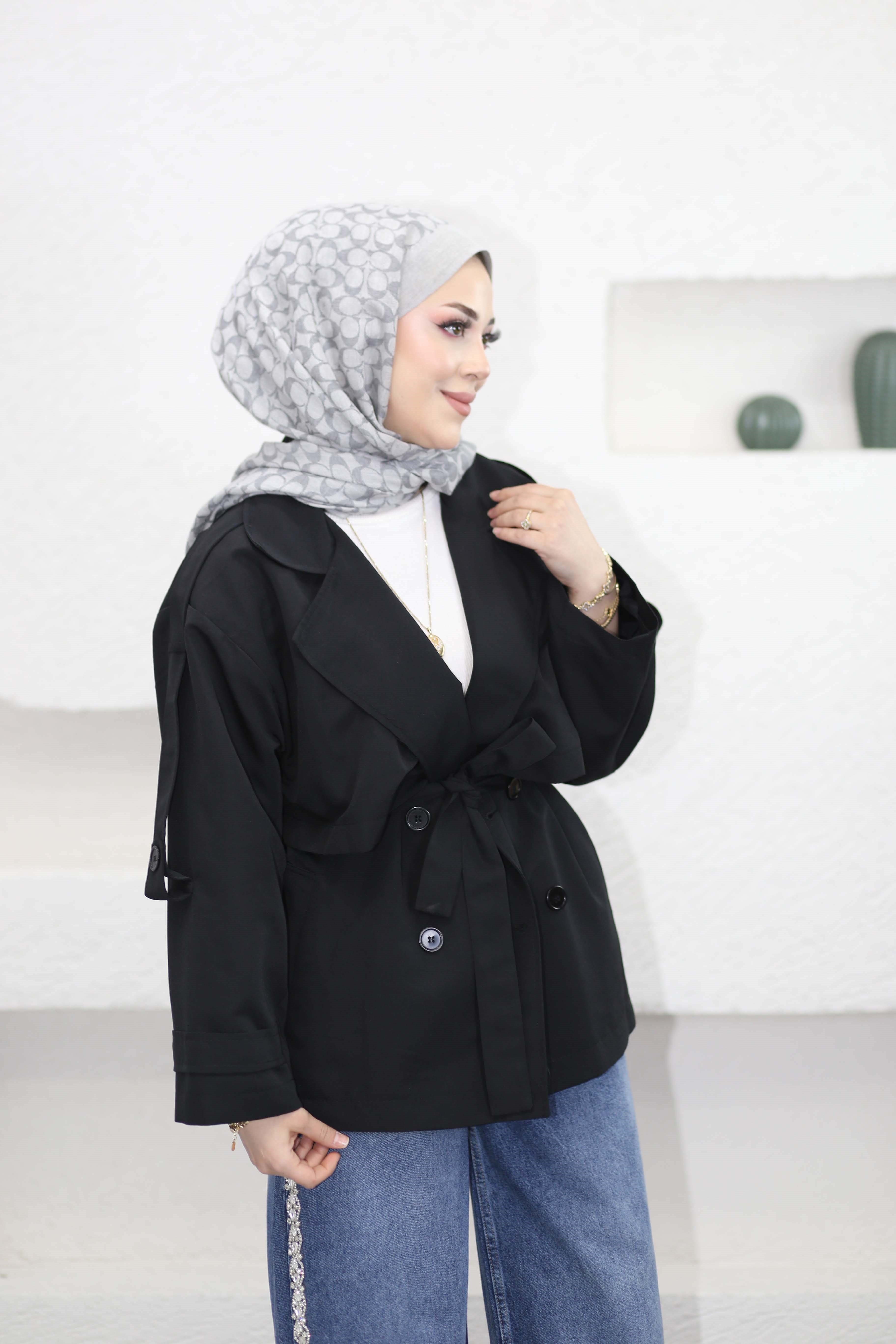 Kuşaklı Kısa Trençkot Siyah 40112