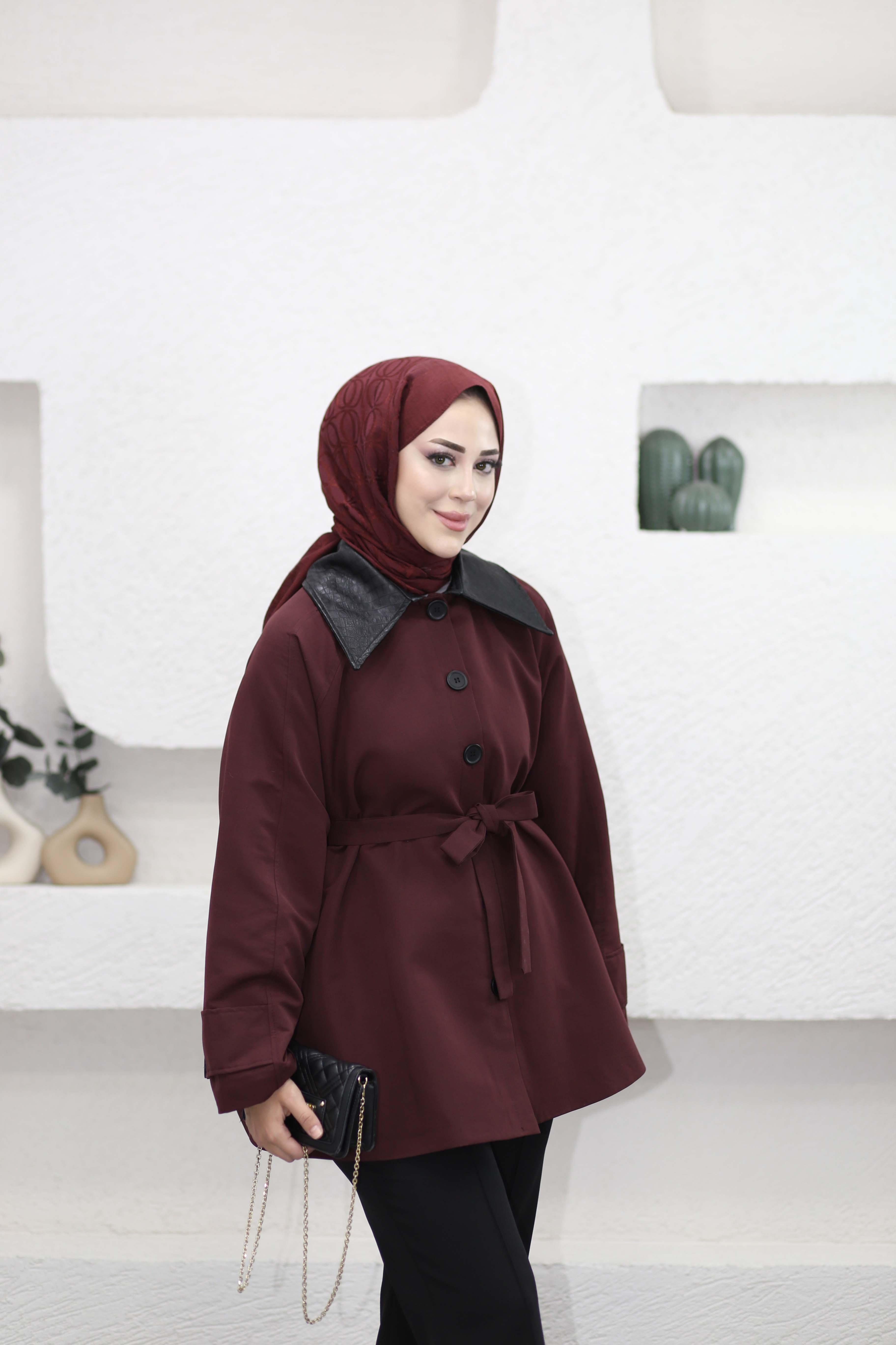 Deri Yakalı Trenç Bordo 9342