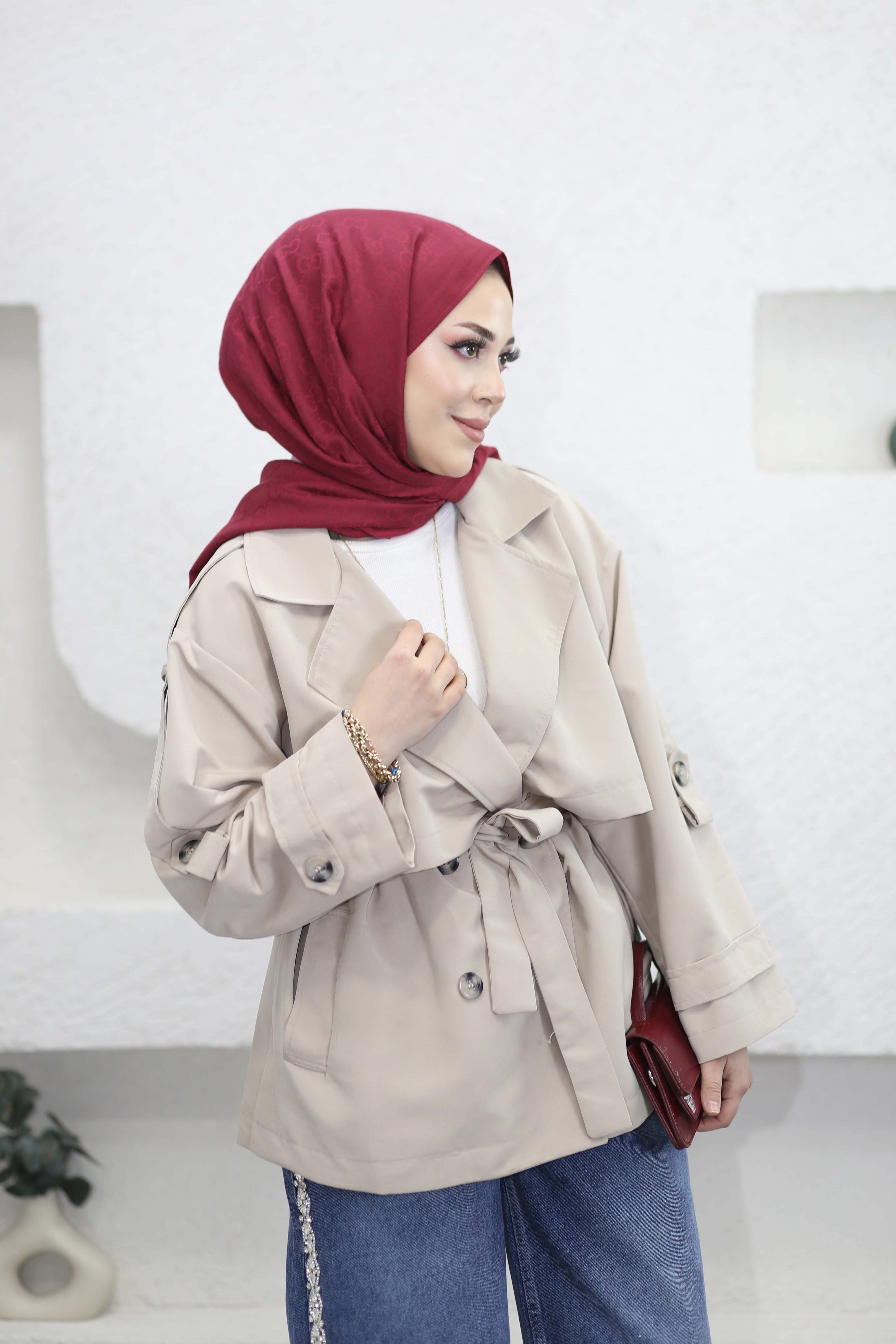 Kuşaklı Kısa Trençkot Bej 40112