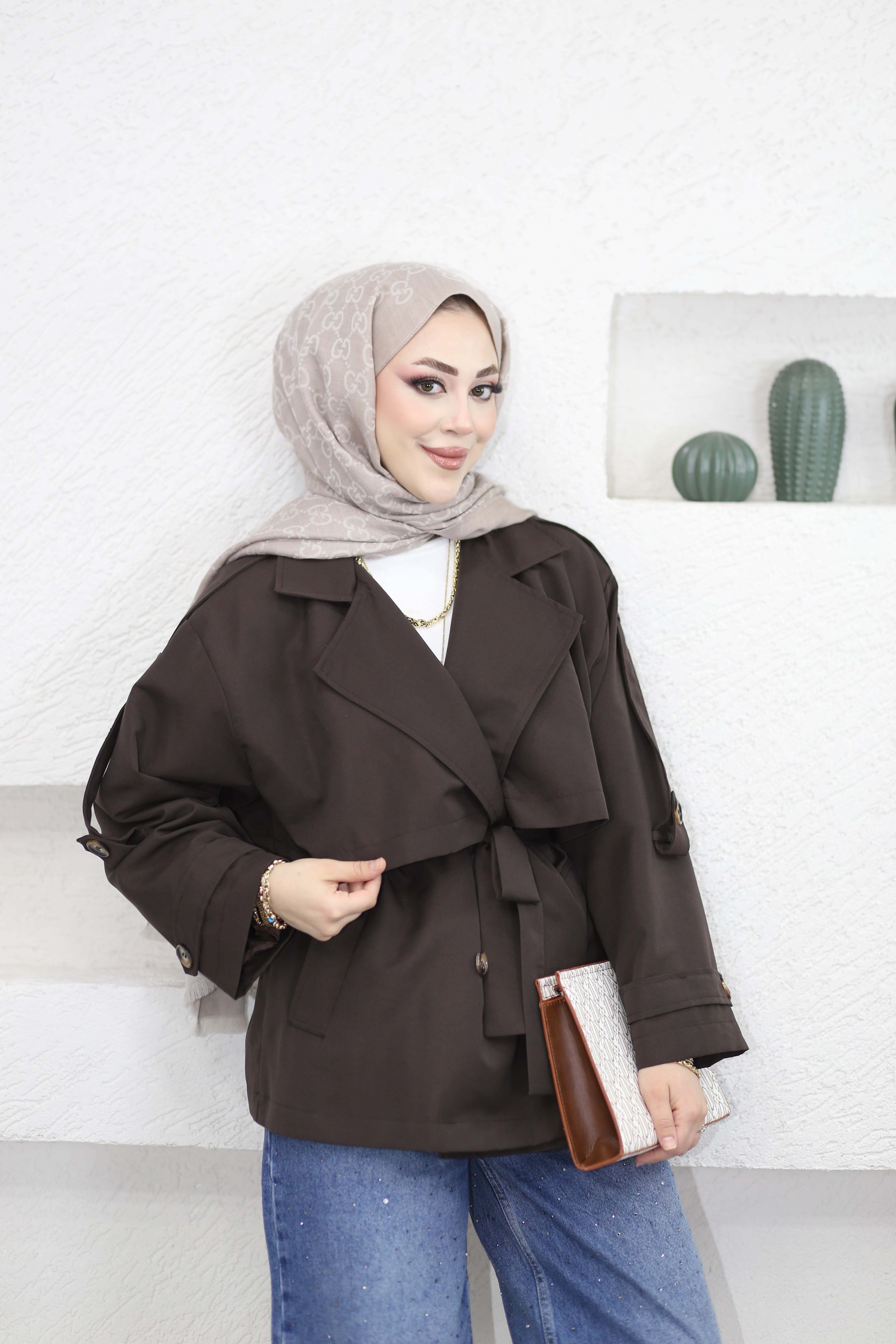 Kuşaklı Kısa Trençkot Kahverengi 40112