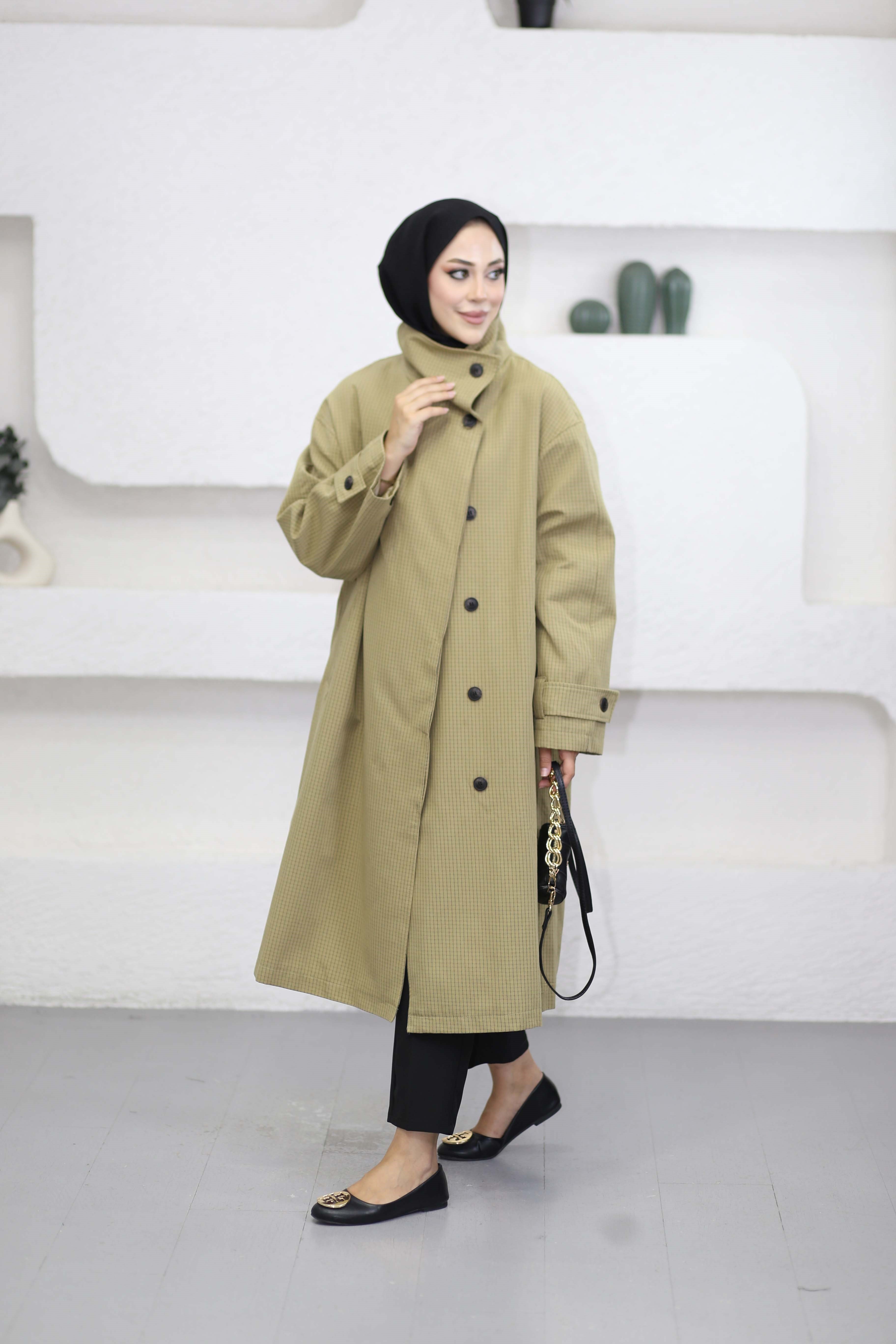 Kruvaze Oversize Trençkot Haki 7770