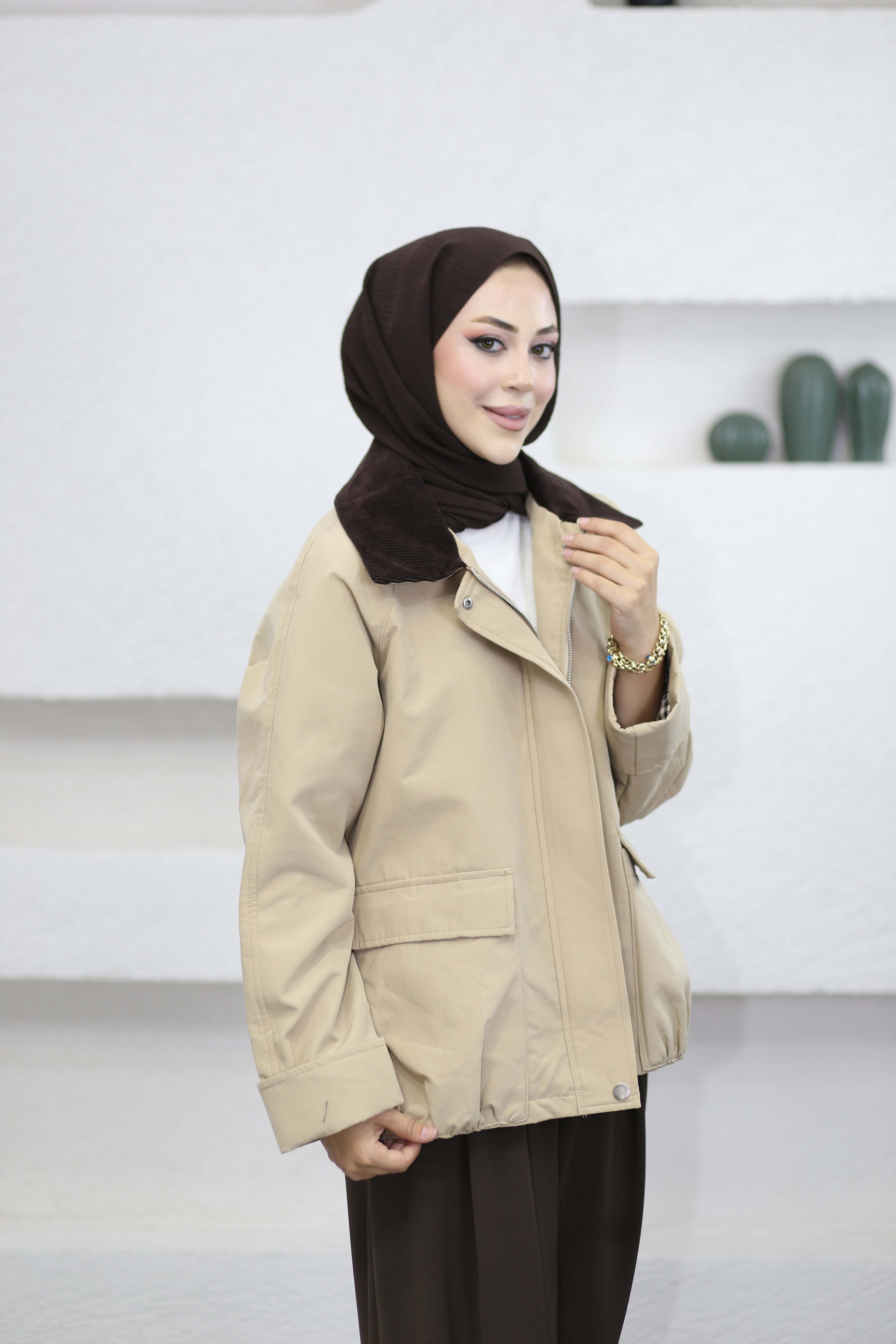Fitilli Kadife Yaka Trençkot Camel 5768