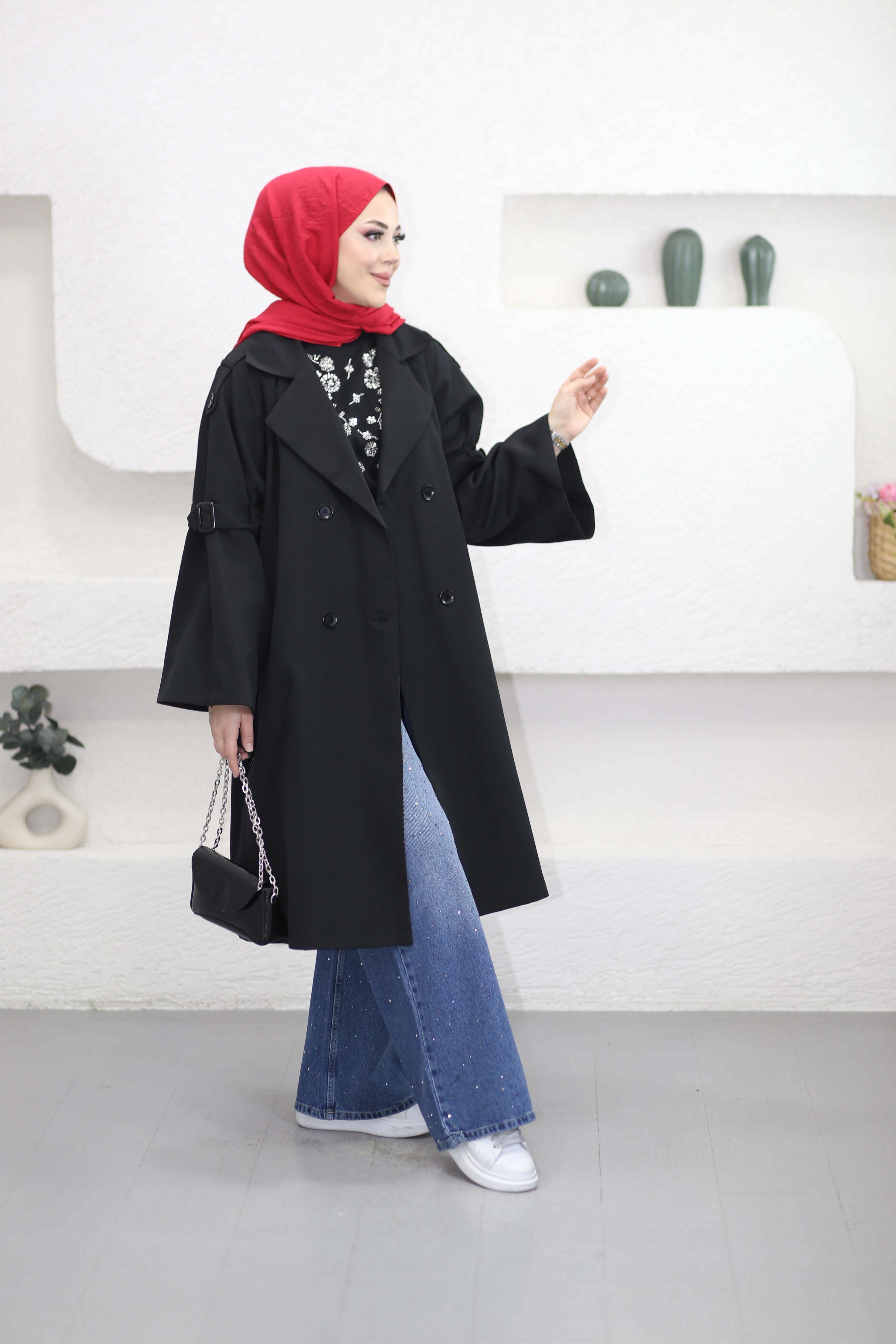 Kolu Kuşaklı Trençkot Siyah 4088