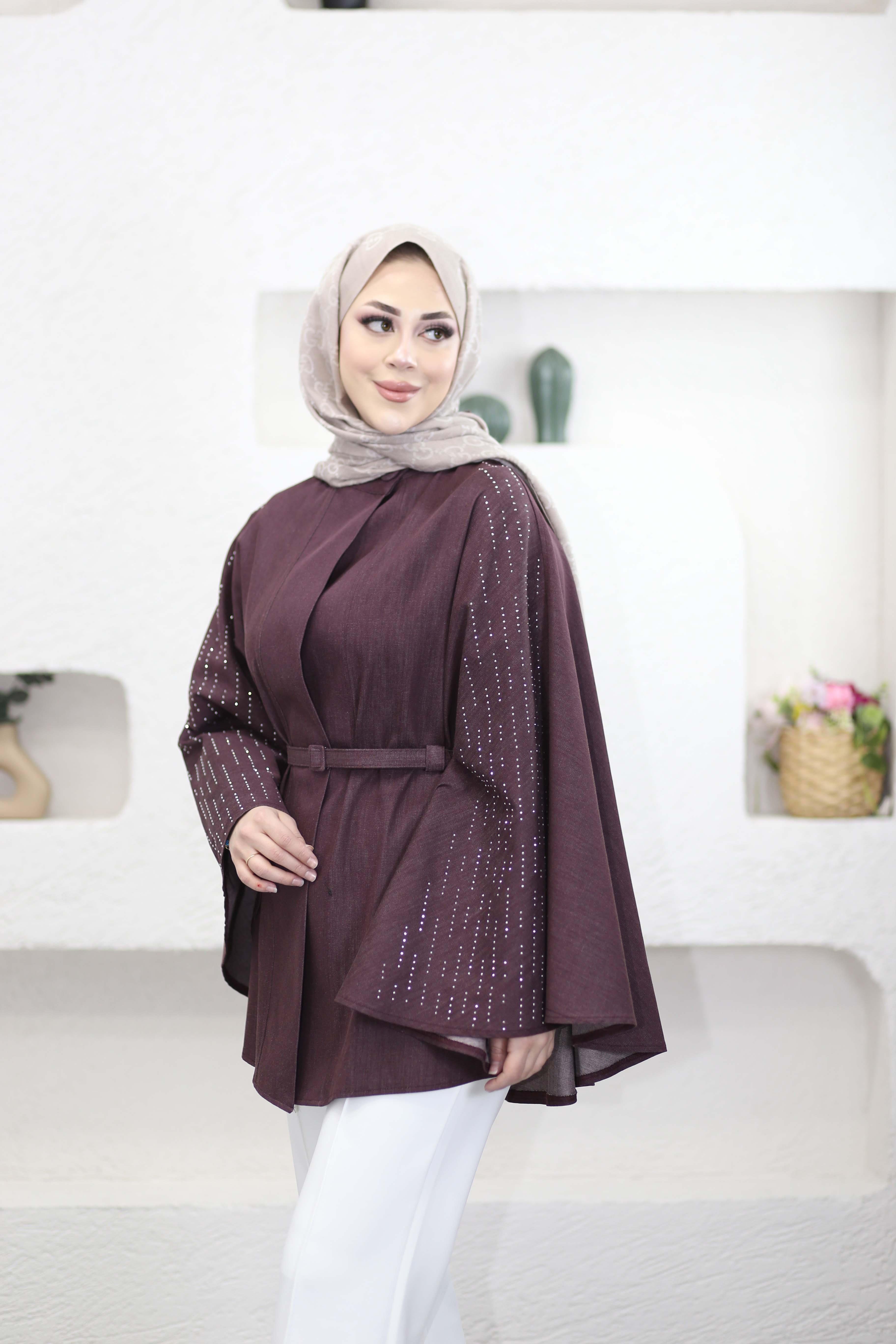 Taşlı kot panço Bordo 8146