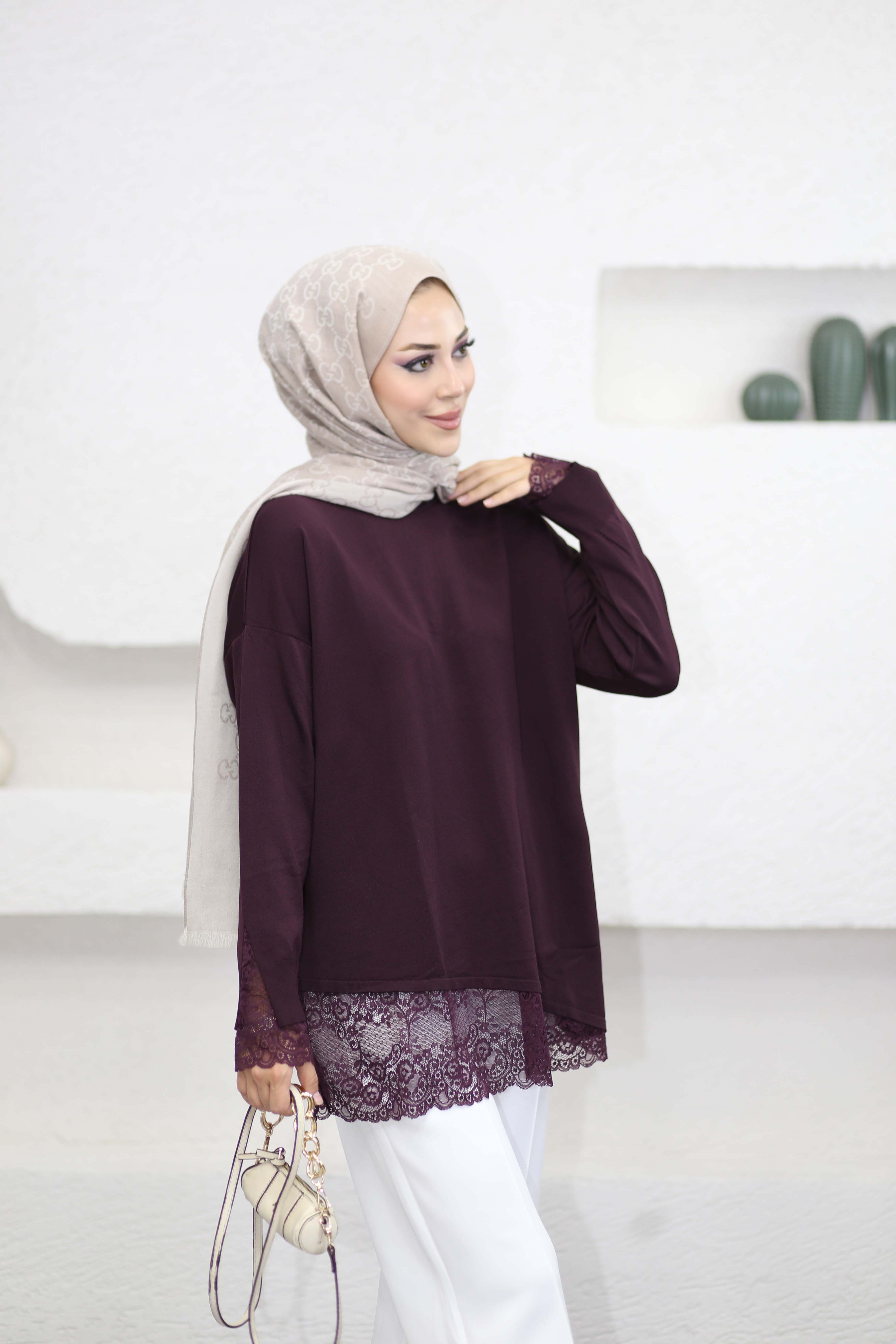 Etek Ucu Dantelli Triko Tunik Bordo 44305