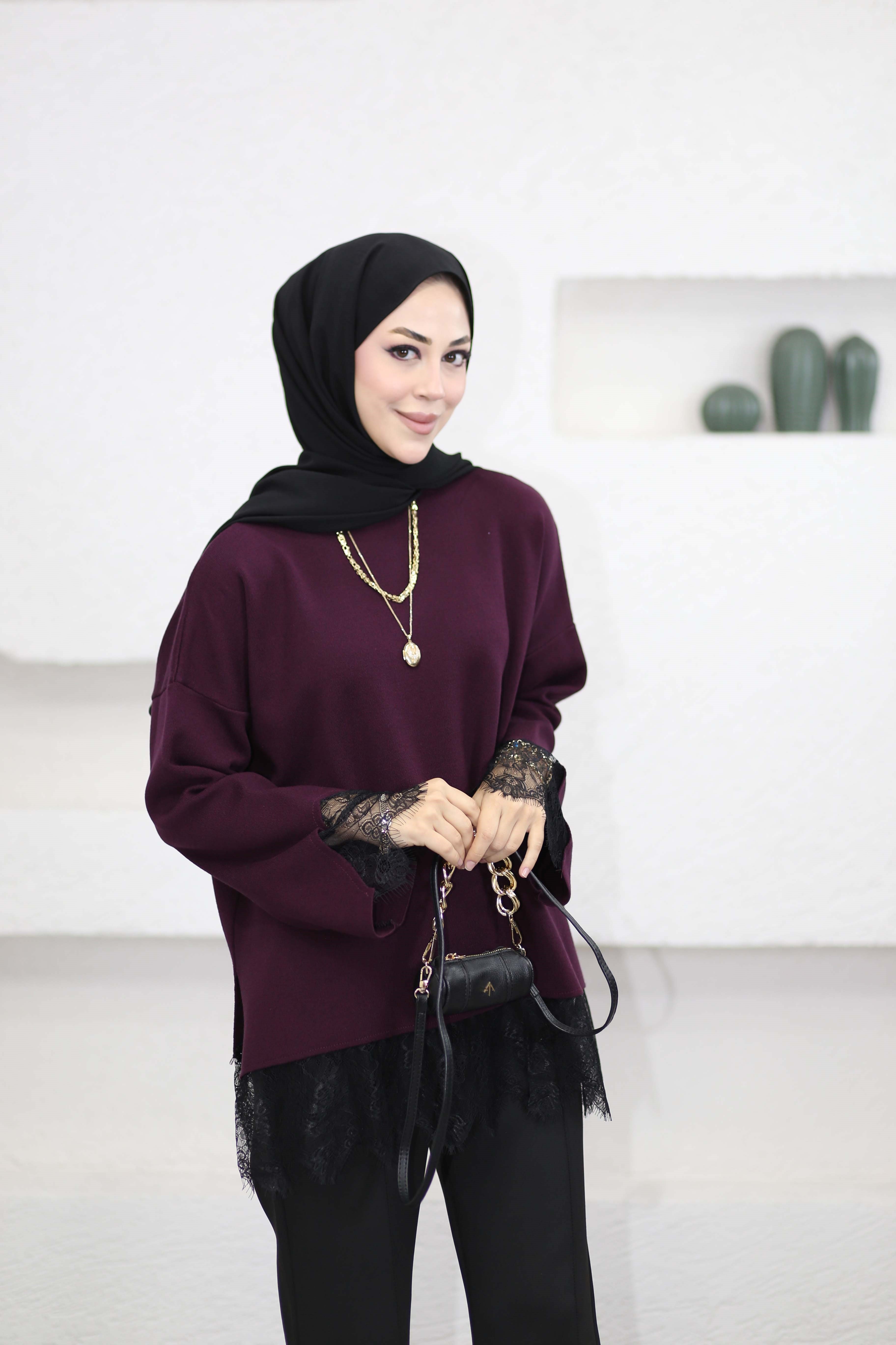 Altı Dantelli Triko Tunik Mürdüm 26200