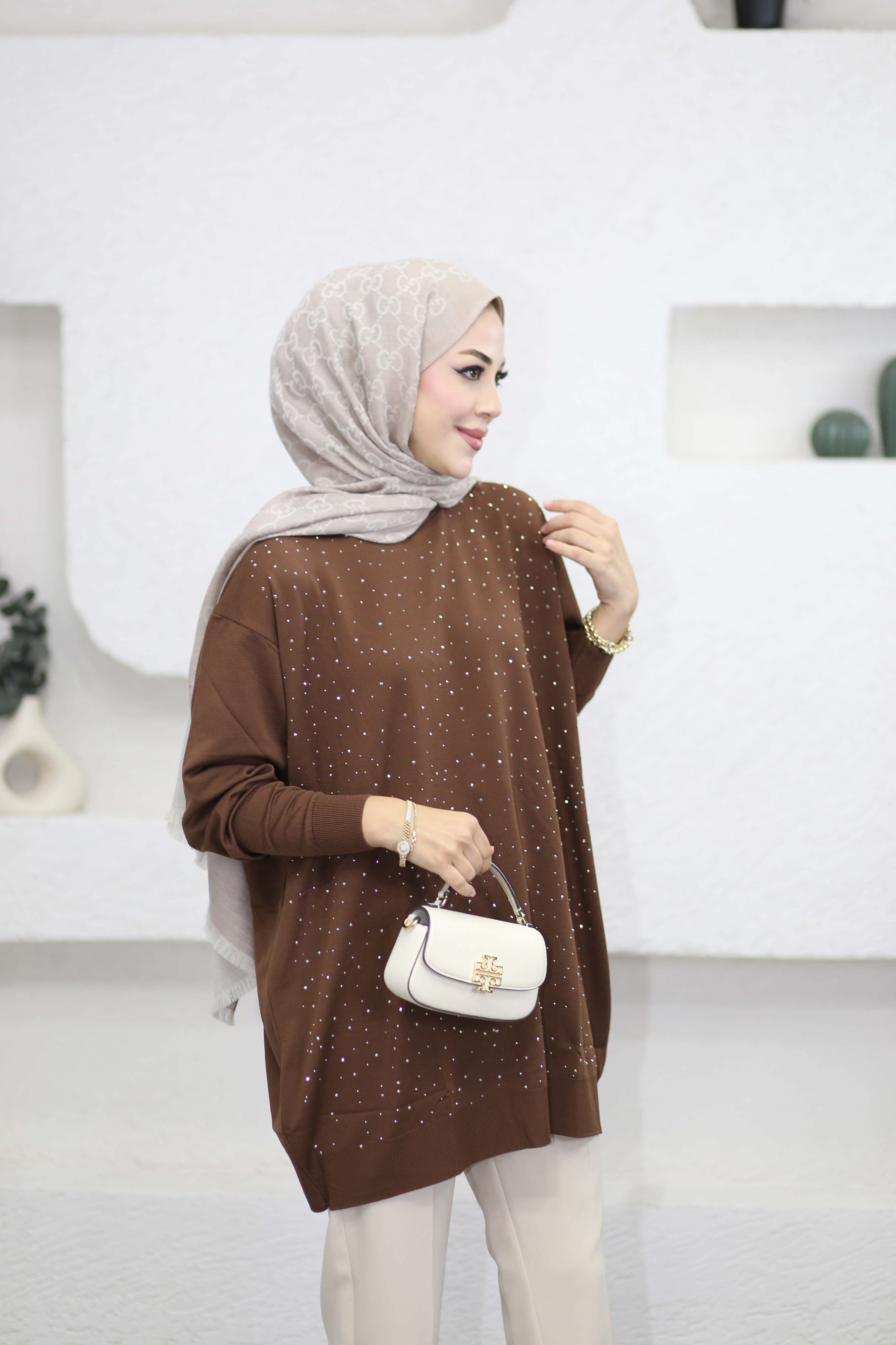 Taşlı Merserize Tunik Kahverengi 2570