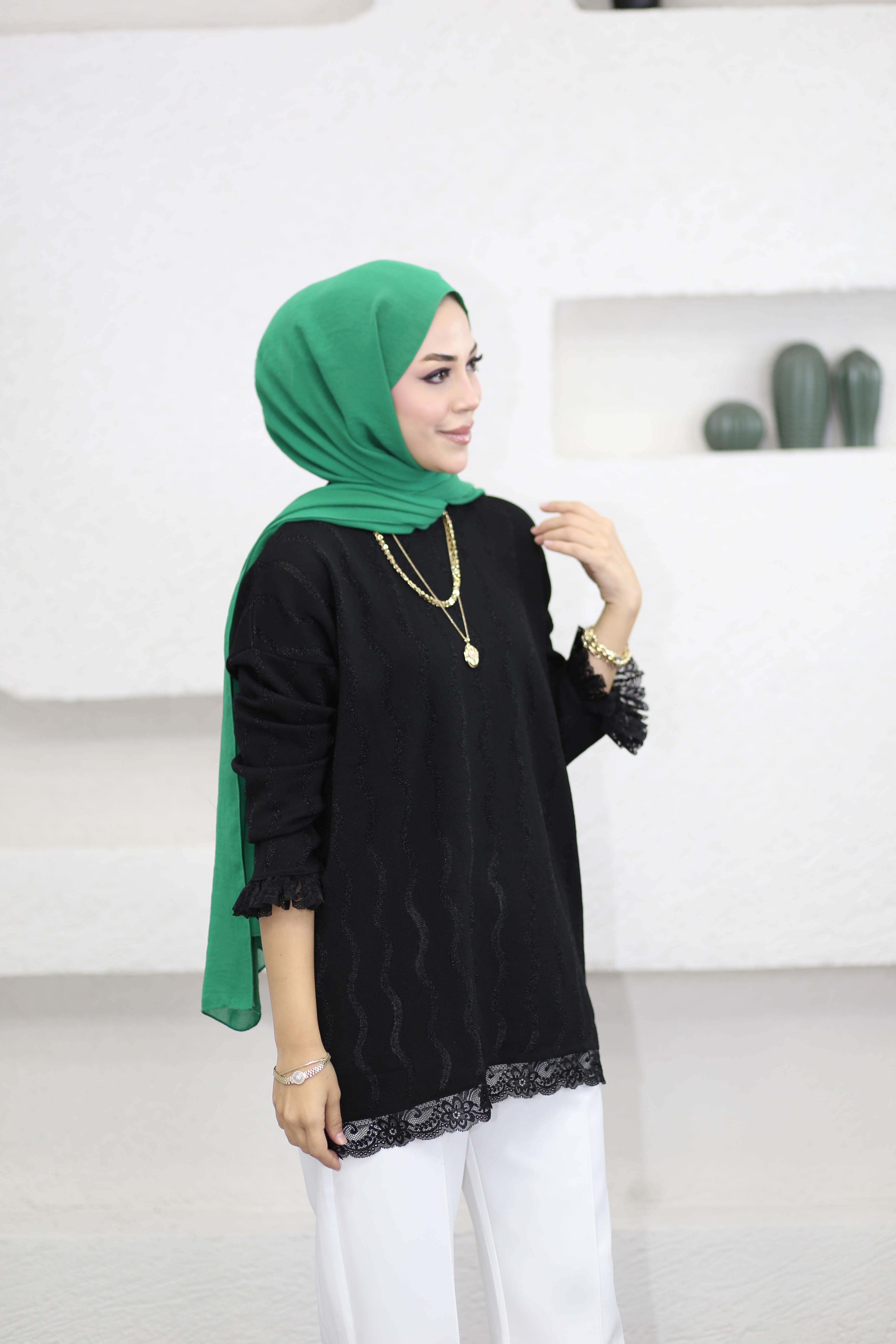 Dantell Dalga Desen Tunik Siyah 44282