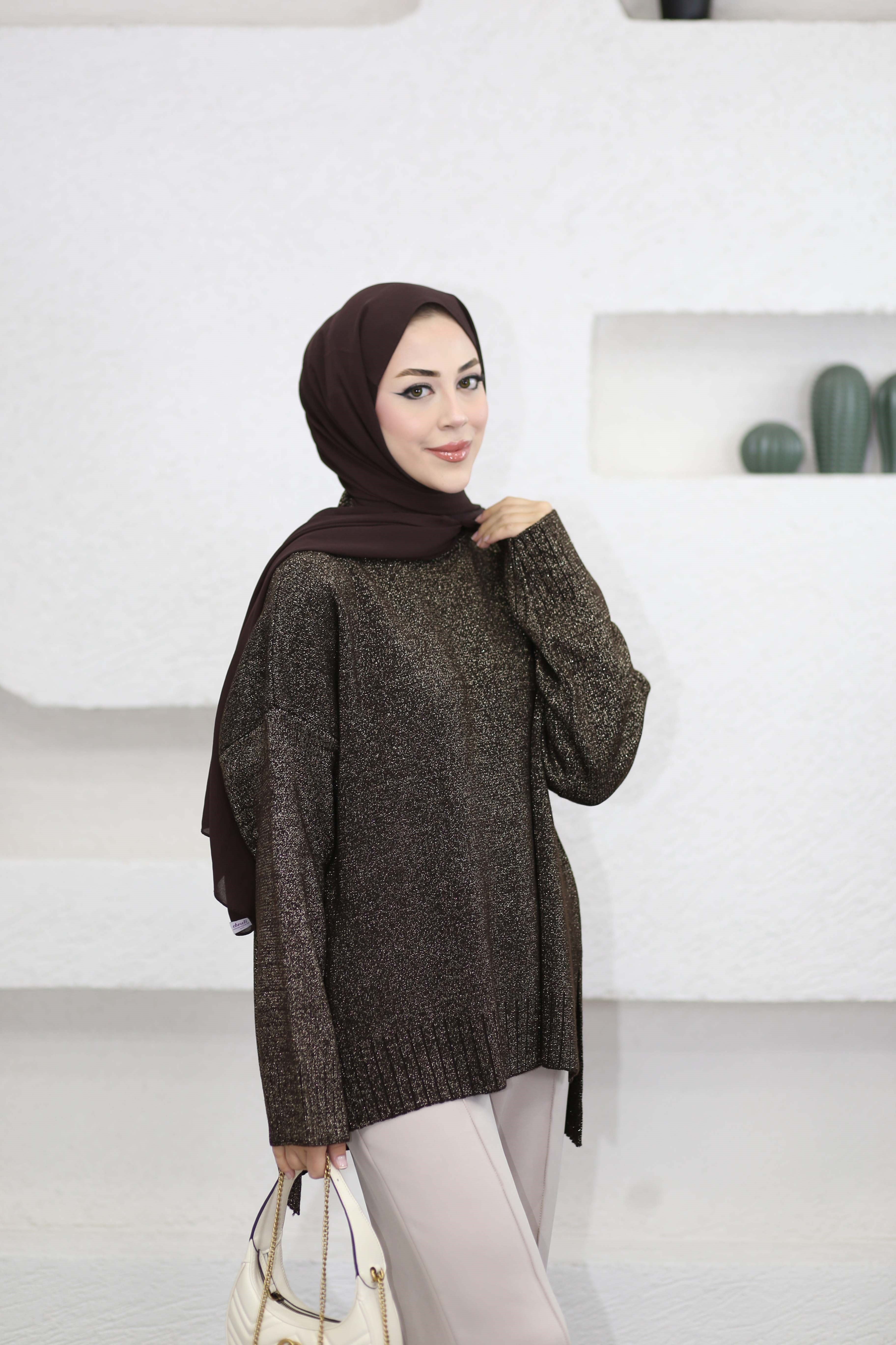Simli Boğazlı Kazak Kahverengi 724