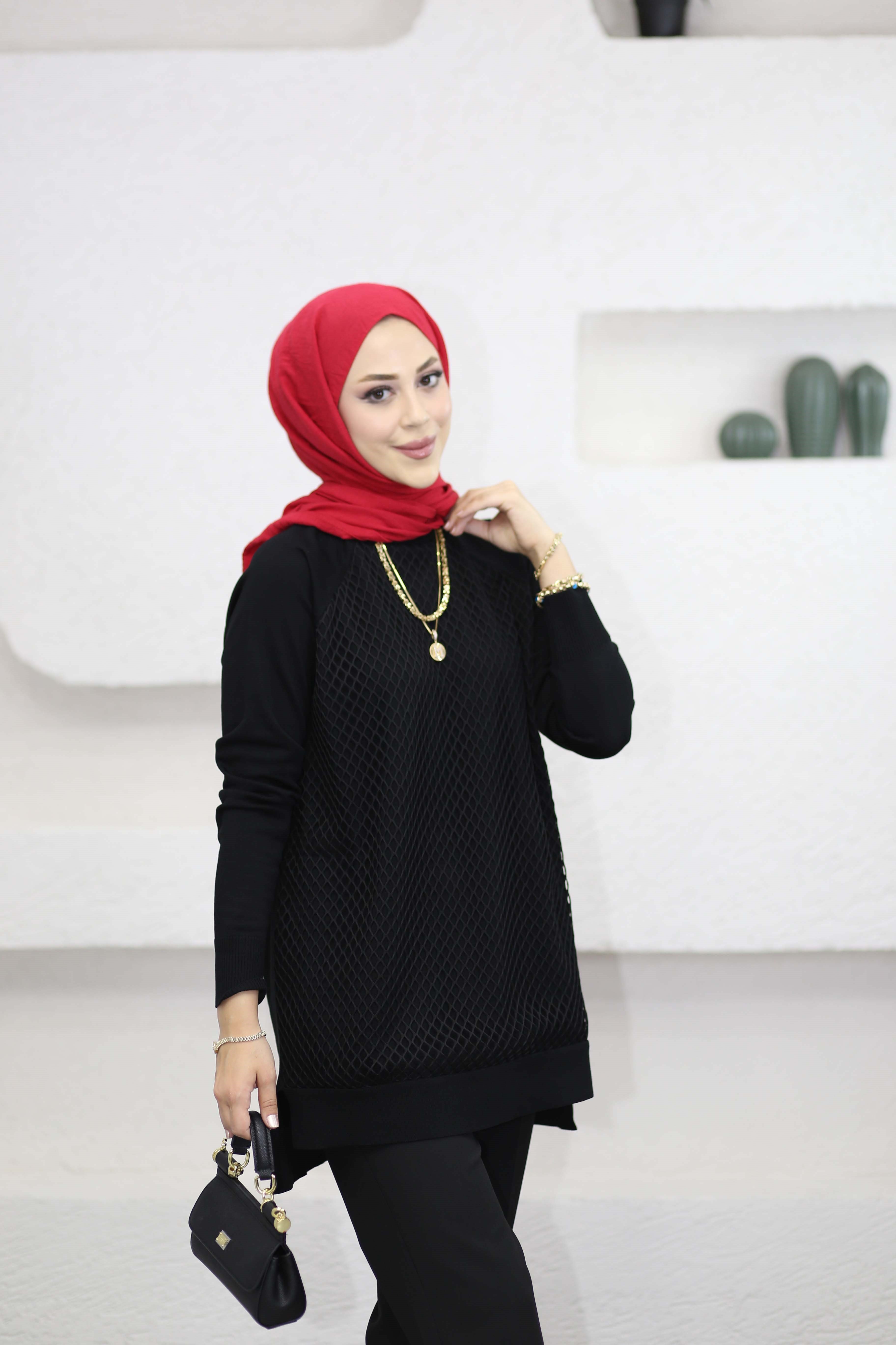 Önü Fileli Triko Tunik Siyah 337