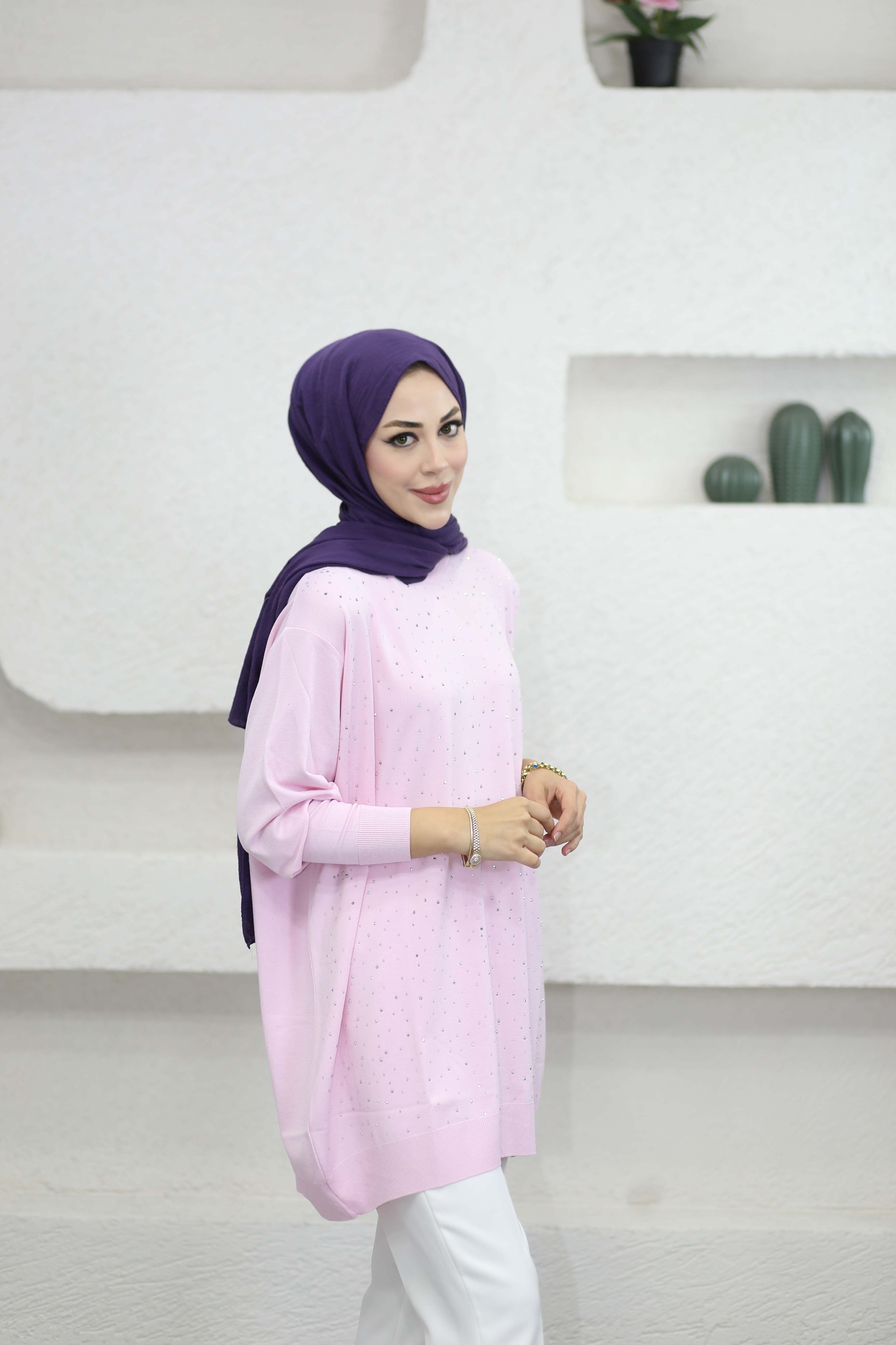 Taşlı Merserize Tunik Pembe 2570