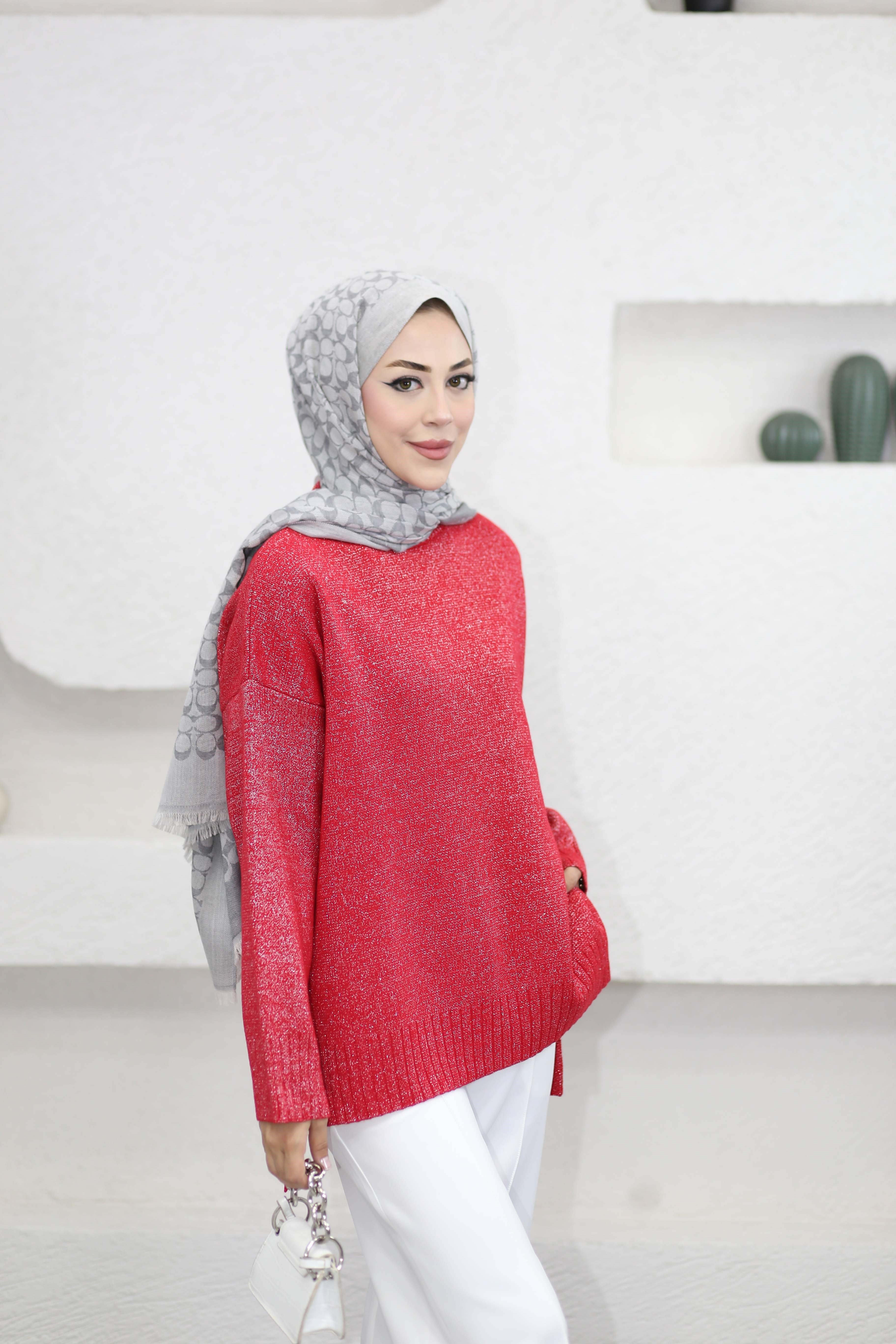 Simli Boğazlı Kazak Kırmızı 724