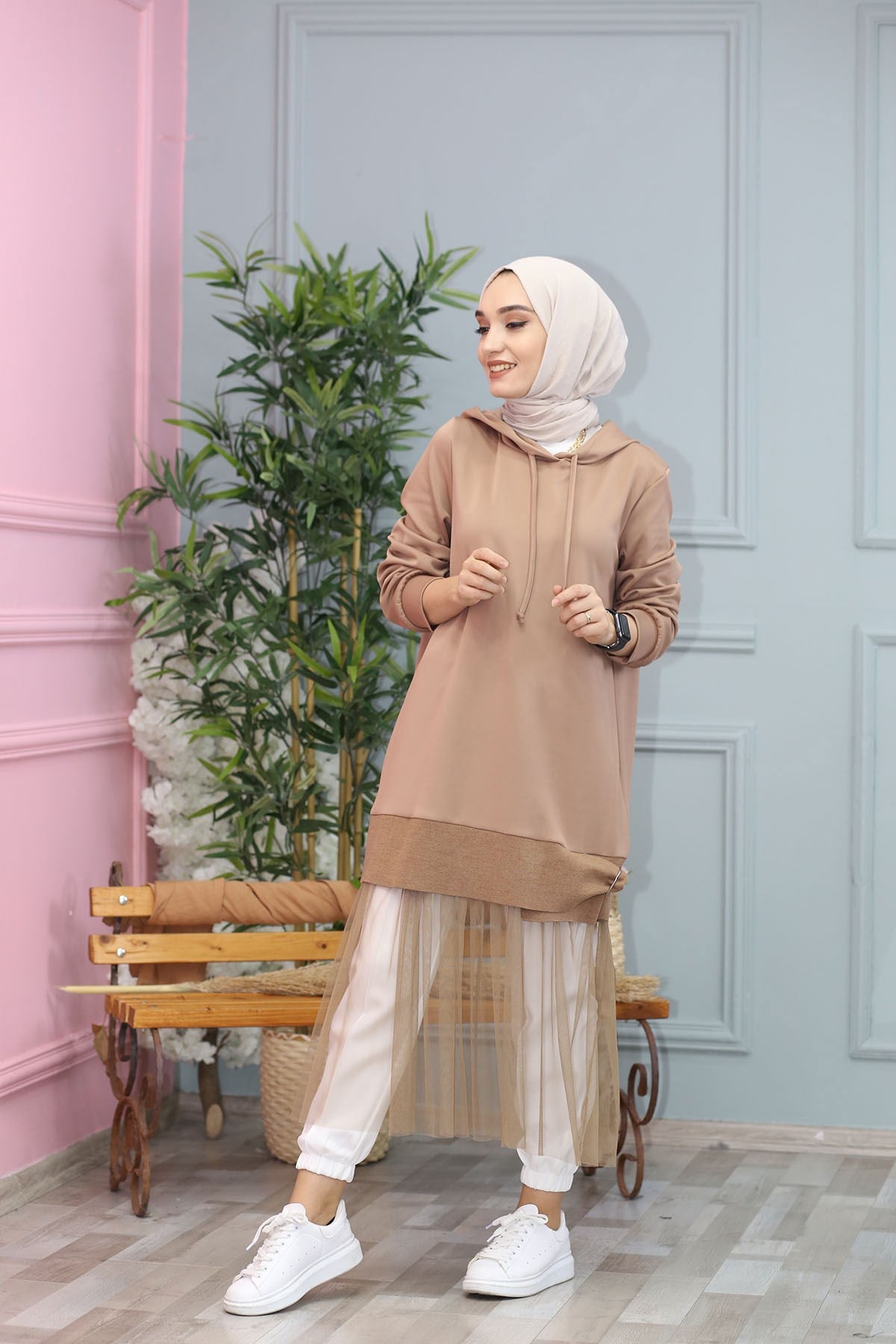 TÜL DETAYLI TUNİK CAMEL  4456