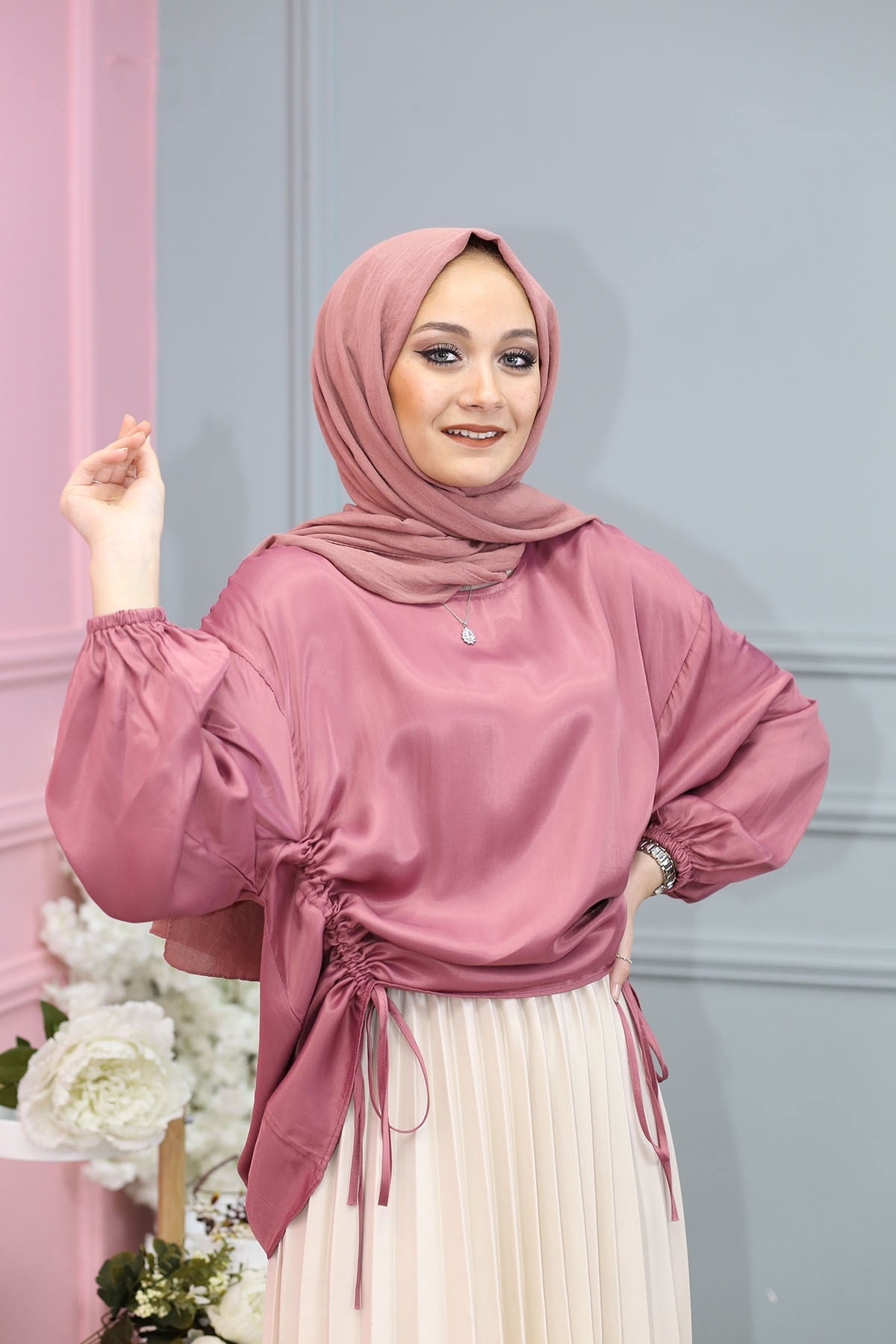 SATEN BLUZ PEMBE 6872