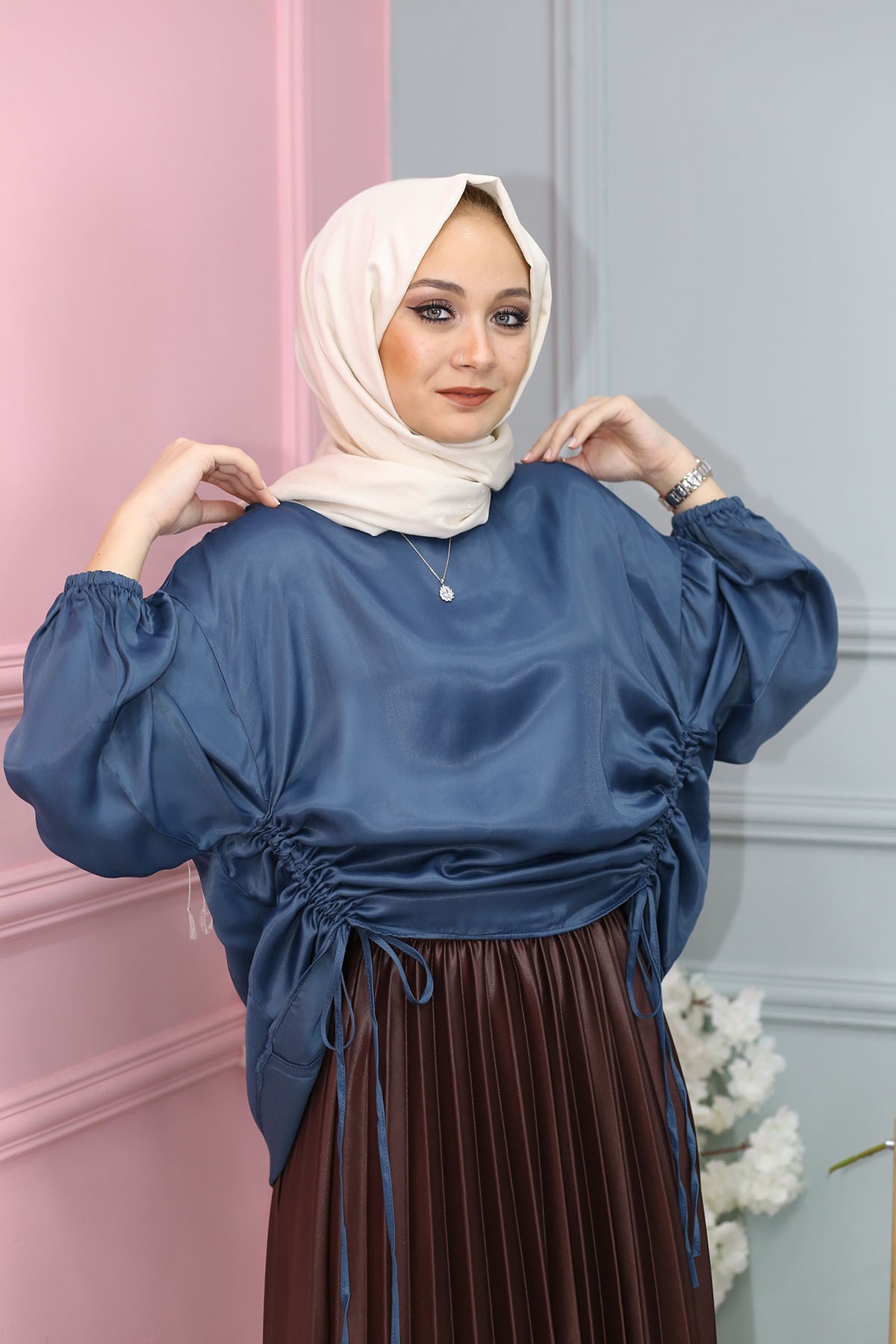 SATEN BLUZ PETROL MAVİ 6872