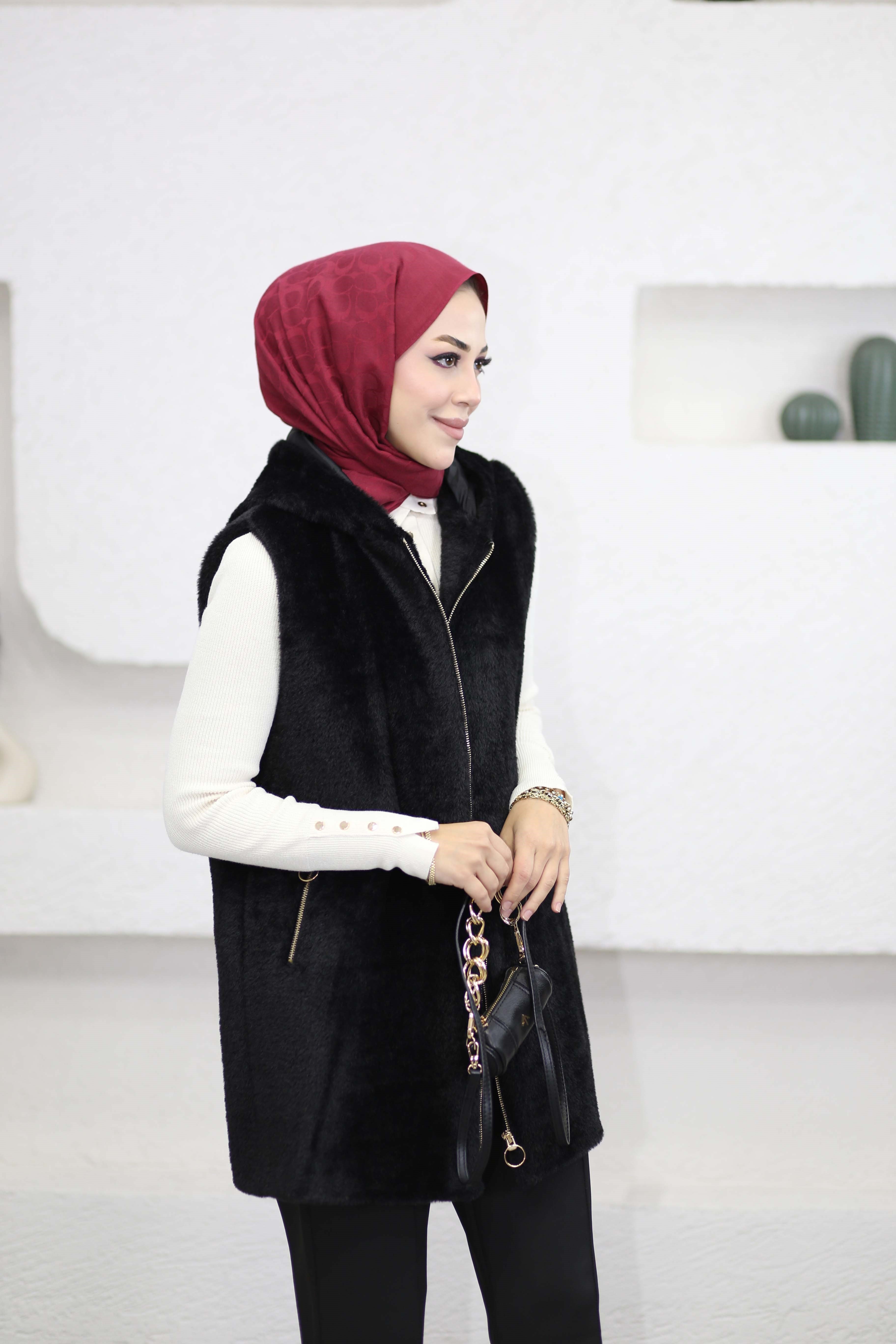 Kısa Angora Yelek Siyah 4632