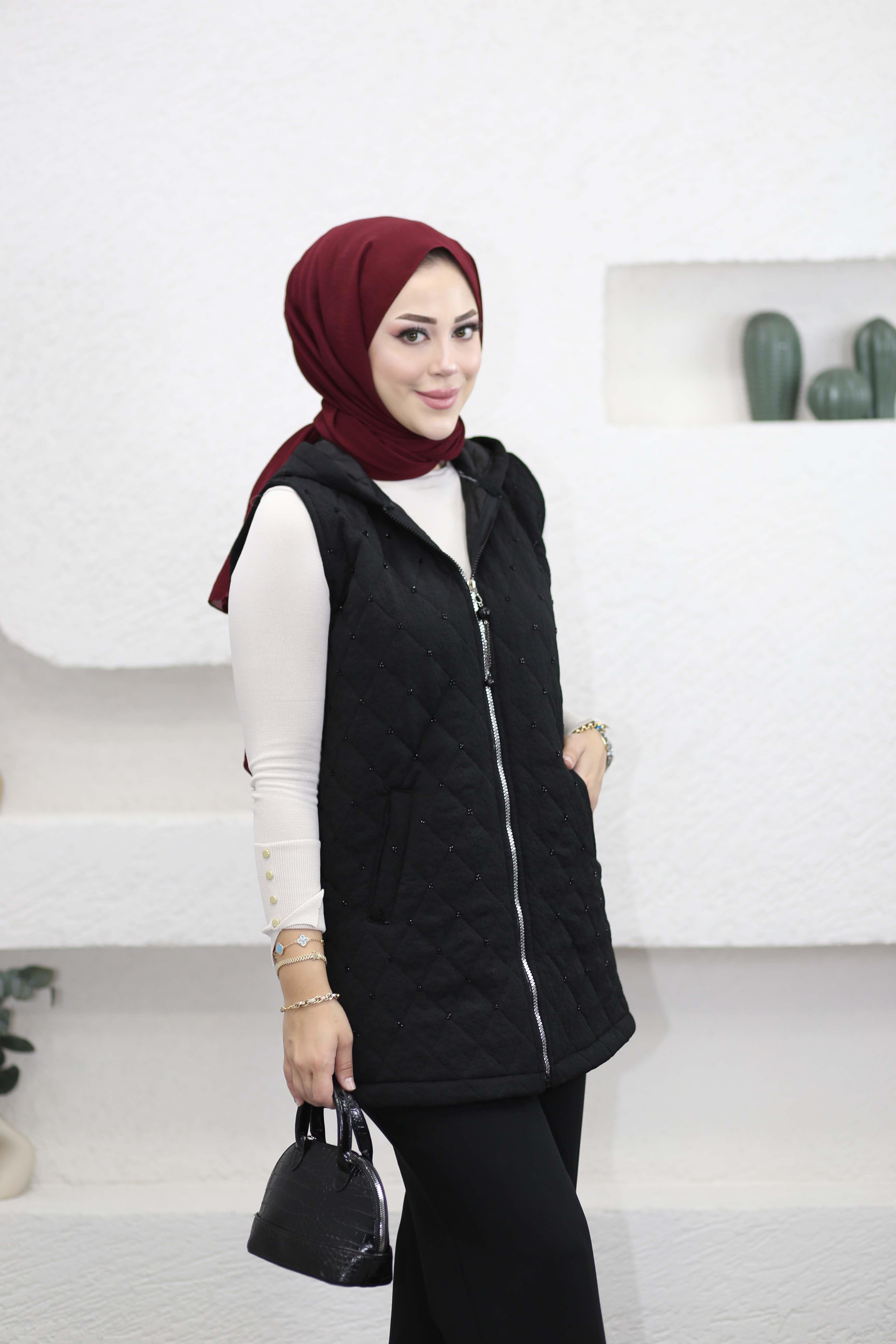 Baklava Desen Taşlı Yelek Siyah 1735